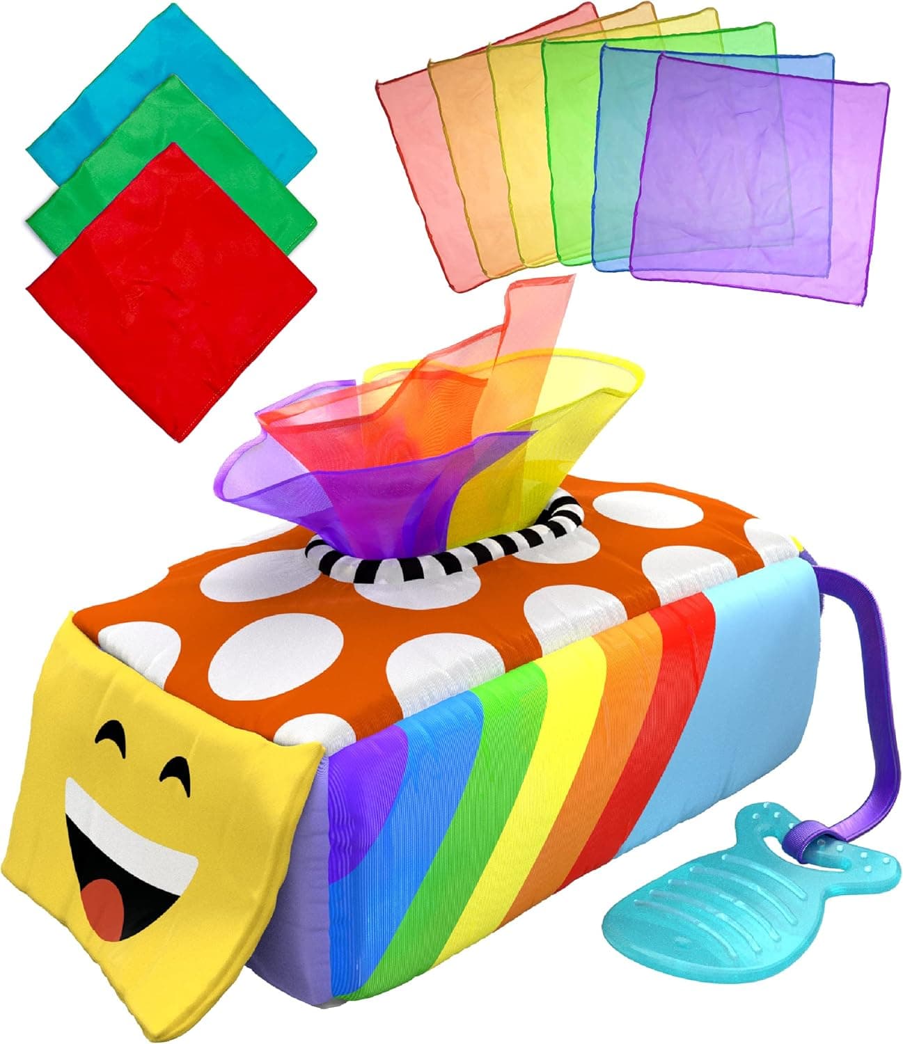 Montessori Tissue Box Sensory Toy for Baby Toddler, Pull, Sort, Crinkle, Colors and Patterns - Gift for 6 Months+, 1 2 3 Years