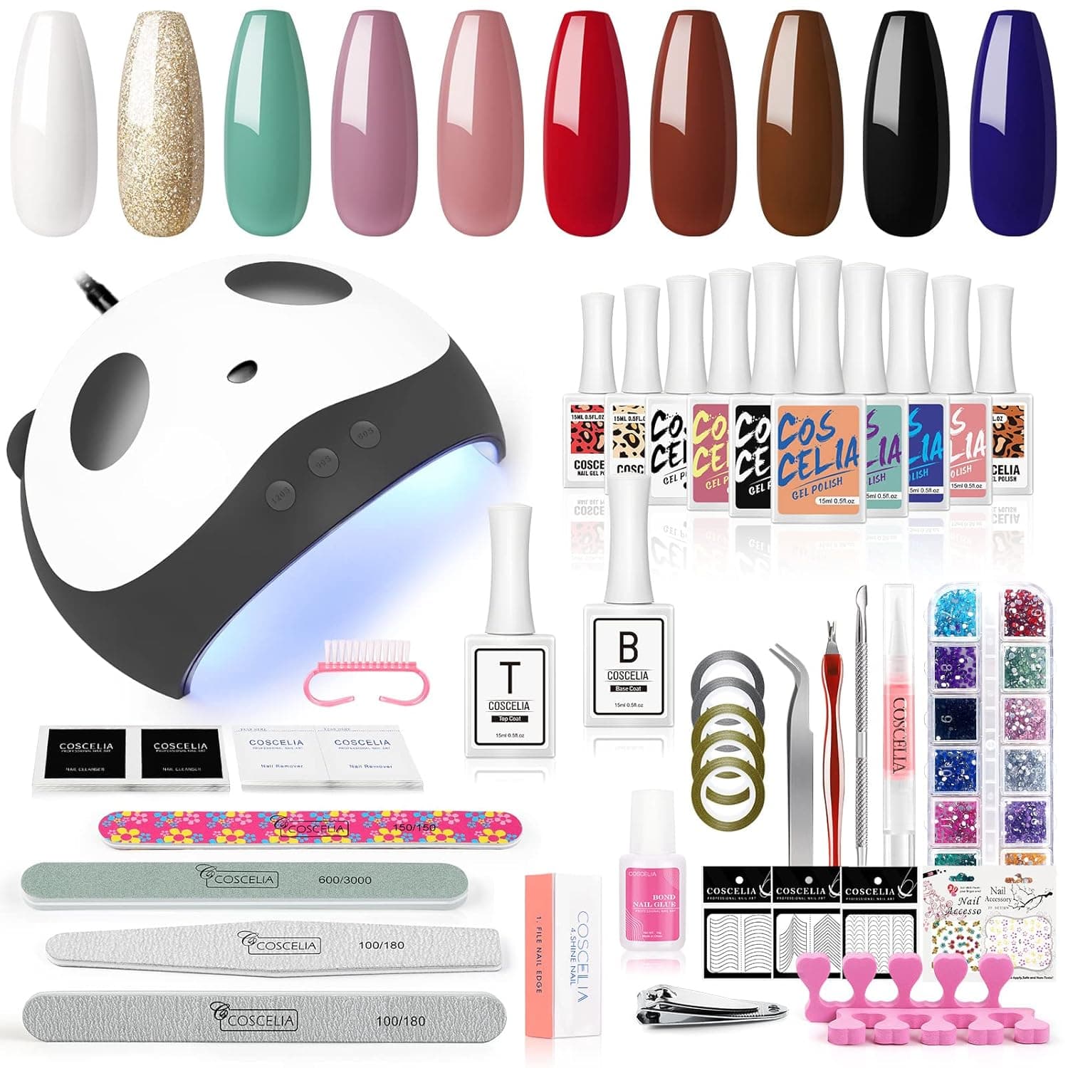 COSCELIA Gel Nail Polish Kit with U V Light Starter Kit 10Pcs Gel Polish Base Top Coat 36W Nail Lamp Nail Art Manicure Tools Set Nude Glitter Classic Color Collection Nail Salon DIY Home for Beginner