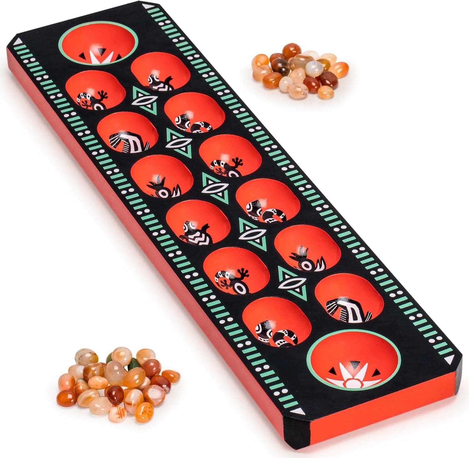 Yellow Mountain Imports Mancala Set with Wooden Lacquer Board and Quartz Pebble Playing Pieces, Gebeta