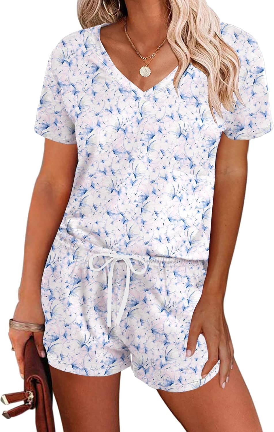 Ekouaer Women's Pajamas Sets Short Sleeve Lounge Set Casual Two Piece Sleepwear pj sets