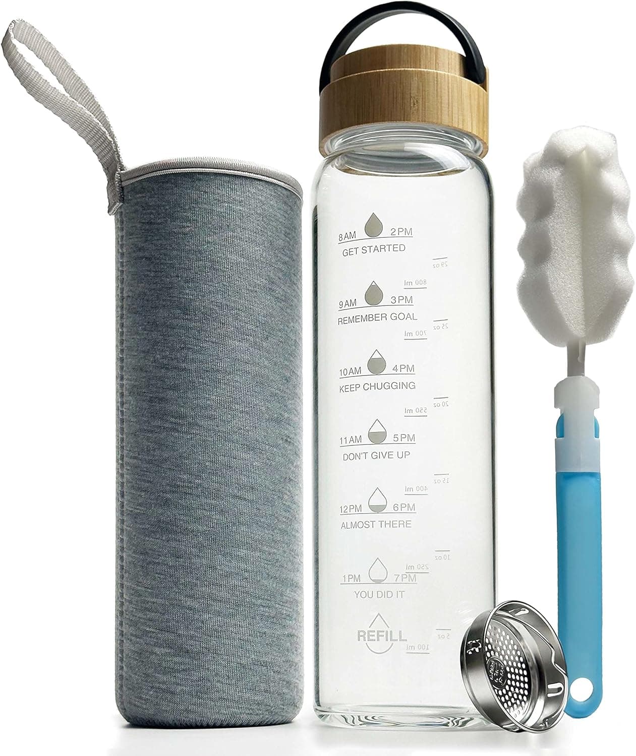 Xaeiglas 32 Oz Glass Water Bottle Wide Mouth with Bamboo Lid Neoprene Sleeve, Motivational Borosilicate Glass Drinking Bottles with Times to Drink Reusable Bpa Free (Gray)