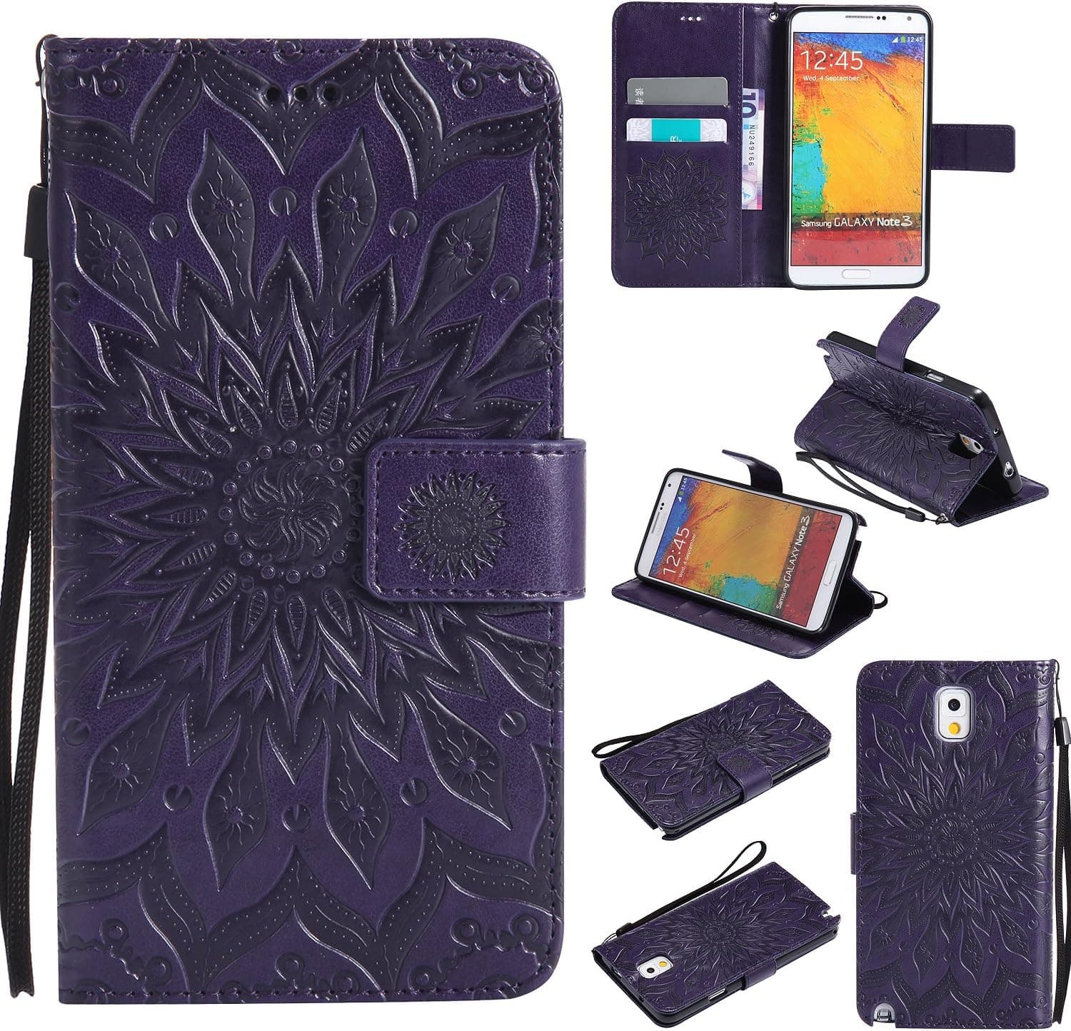 A-slim Galaxy Note 3 Wallet Case, (TM) Sun Pattern Embossed PU Leather Magnetic Flip Cover Card Holders & Hand Strap Wallet Purse Case for Samsung Galaxy Note 3 - Purple