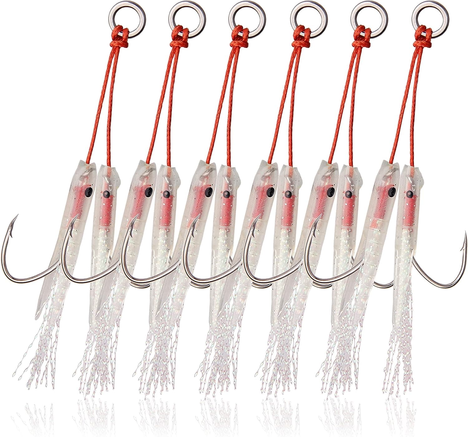 Fishing Jigging Assist Hooks Saltwater- Luminous Slow Pitch Jig Assist Hooks High Carbon Steel Fishing Double Hooks with Glow Fish Skin Solid Rings Braided PE Line