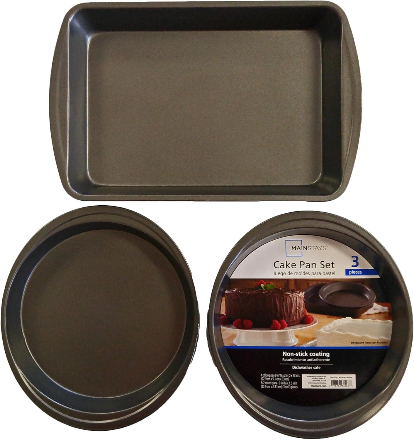 Set of 3 Mainstays Non-Stick Cake Pan Set Rectangular 13" x 9" x 2" & Two - 9" x 1.5" Round Pans (3)
