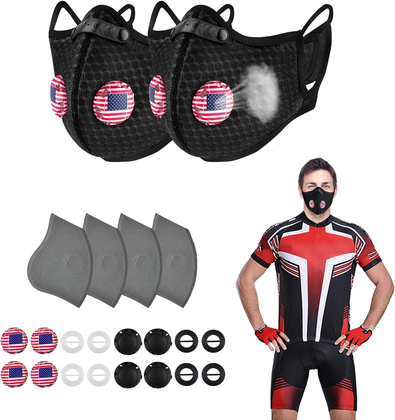 Face Cover 2 Pack with Extra 4 Active Carbon Filters,4 American Valves and 4 Normal Valves.