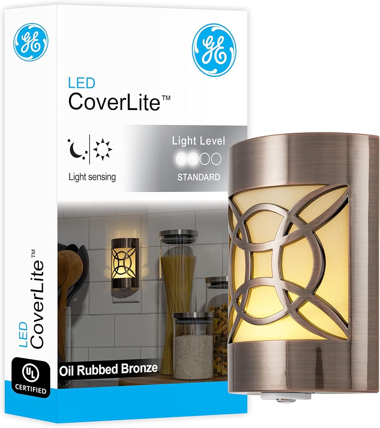 GE CoverLite LED Night Light, Decorative, Plug-In, Smart Dusk-to-Dawn Sensor, Home Décor, Ideal for Bedroom, Bathroom, Kitchen, Hallway, UL-Certified, 11332, Oil Rubbed Bronze | Geometric