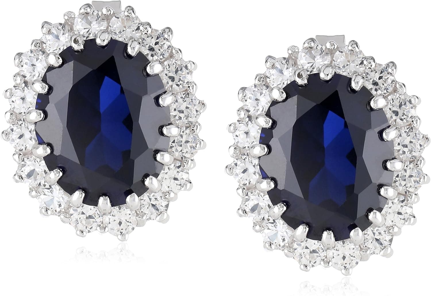 Amazon Collection Sterling Silver Oval Shape Created Ceylon Sapphire with Round Created White Sapphire Earrings