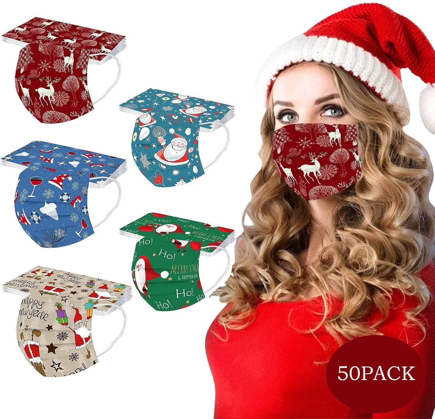50Pcs Christmas Disposable Face_Masks for Adults, 3Ply Breathable Protective Disposable_Masks with Santa Claus Deer Designs