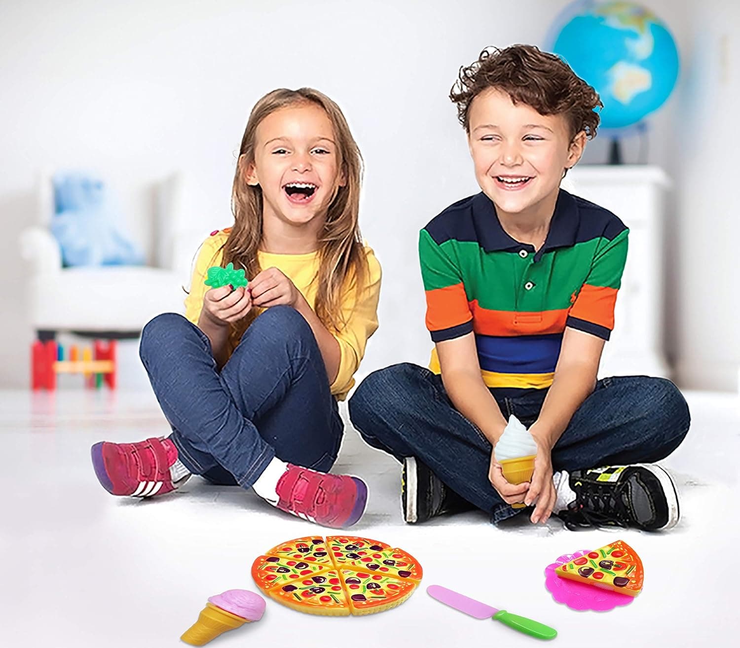 Dazzling Toys Pizza Party Food Set 11 Piece Pretend Play Food Cooking Pack for Kids Christmas Toy Connect and Cut Pizza Pie with Accessories
