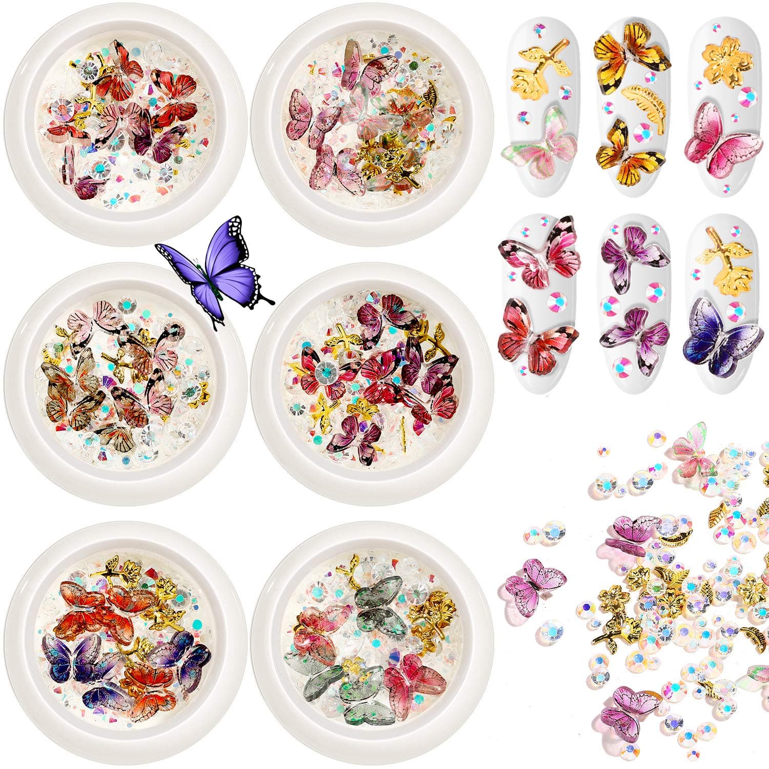6 Boxes 3D Butterfly Nail Charm 3D Resin Butterfly Mixed-Shape Nail Design Decoration with AB Nail Design Rhinestones for DIY Nail Design Design