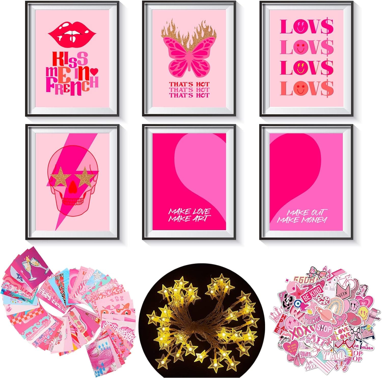 Hot Pink Preppy Room Decor Set with 20 Ft Star String Light,Include Preppy Stickers,Post, Wall Collage Kit