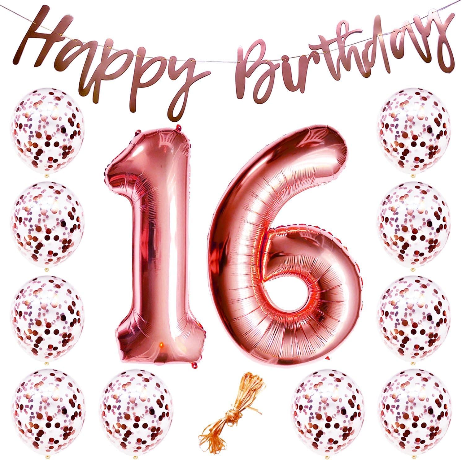 16th Birthday Party Decorations Rose Gold Decor Strung Banner (HAPPY BIRTHDAY) & 12PC Helium Balloons w/Ribbon [Huge Numbers “16”, Confetti] Kit Set Supplies | Sweet 16 Sixteen Year Old Year-Old