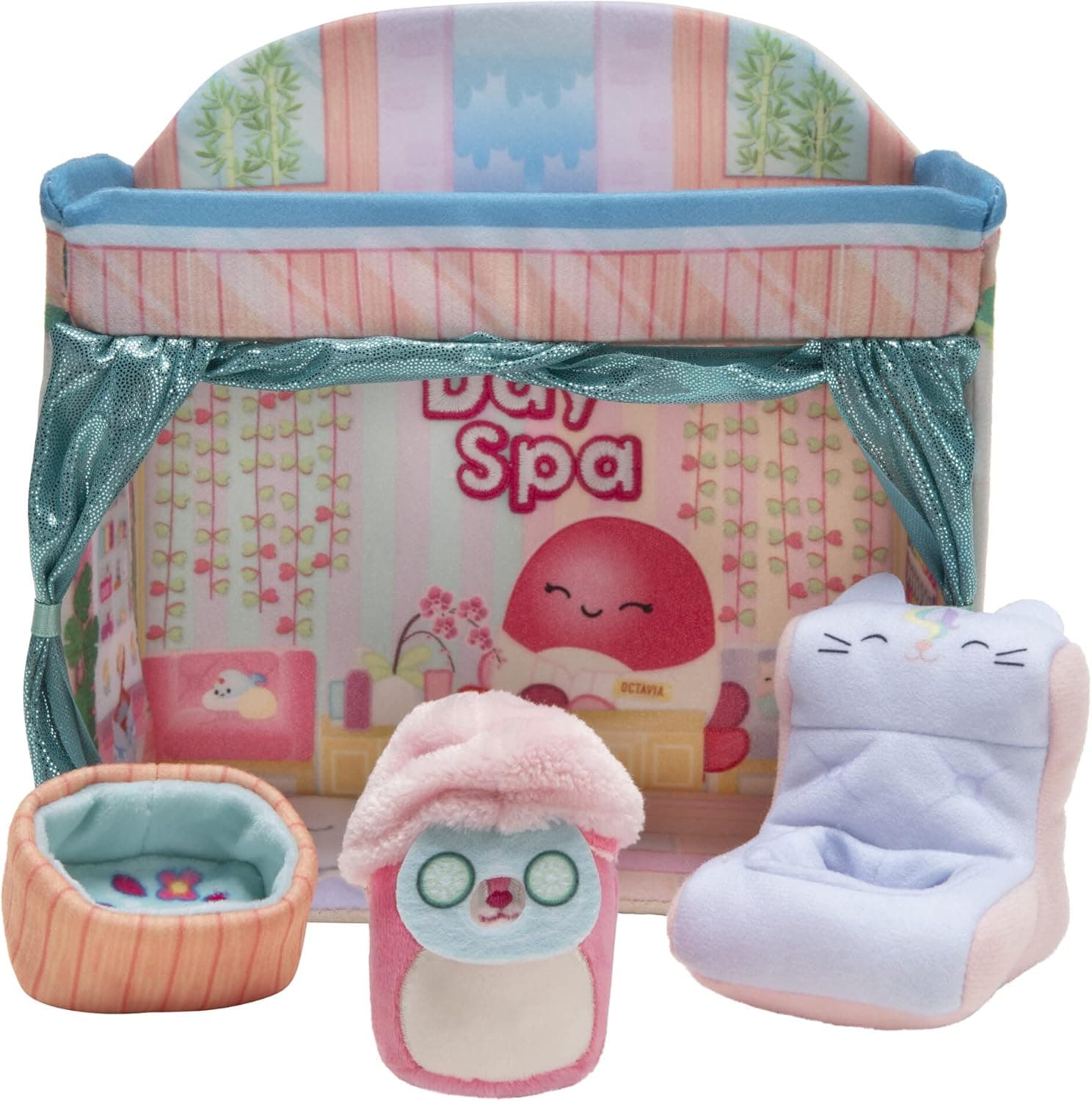 Squishville by Original Squishmallows Deluxe Day Spa Playscene - Include 2-Inch Duchess The Pink Deer, Towel Wrap, Face Mask, Basin & Lounge Chair - Toys for Kids