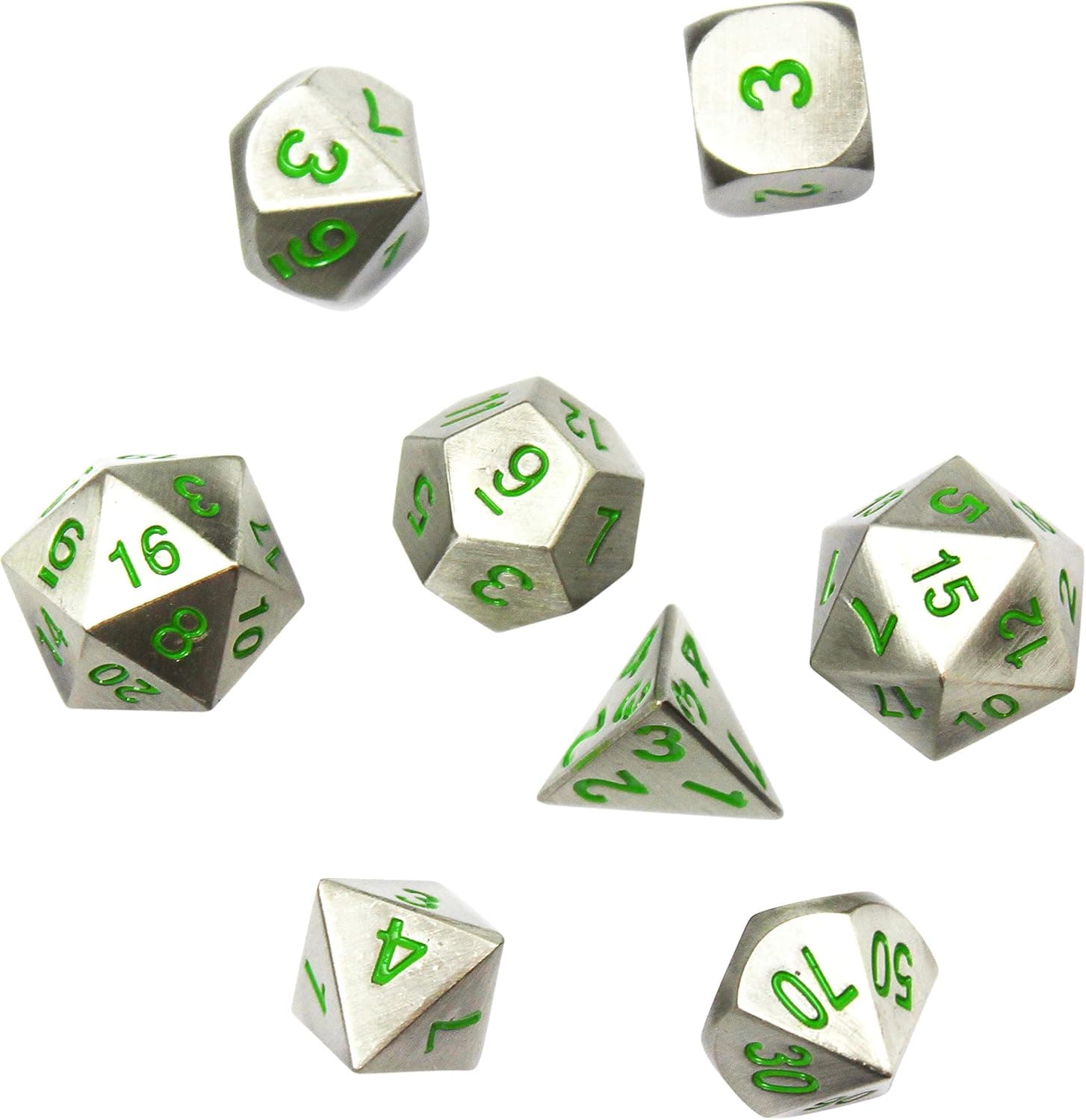 DND Metal Dice Set | 8 High Definiton, Polyhedral Dice for RPG, Dungeons & Dragons | by Hexblade Gaming | Inc. 2 x D20, Metal Presentation Box | Burnished Pewter Finish with Emerald Numbers