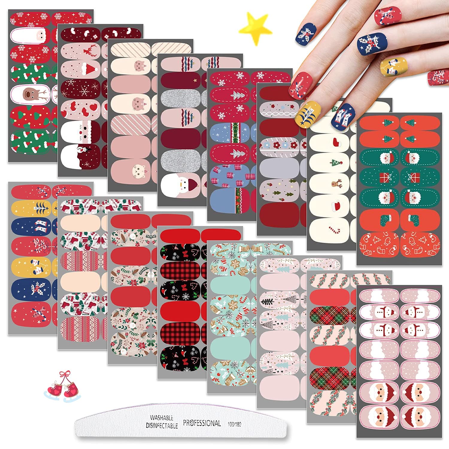 WOKOTO 16 Sheets Christmas Nail Polish Strips Stickers Nail Wraps for Nail Art Santa Claus Elk Snow Man Christmas Tree Christmas Nail Stickers Nail Polish Wraps Nail Color Strips for Nails Girls