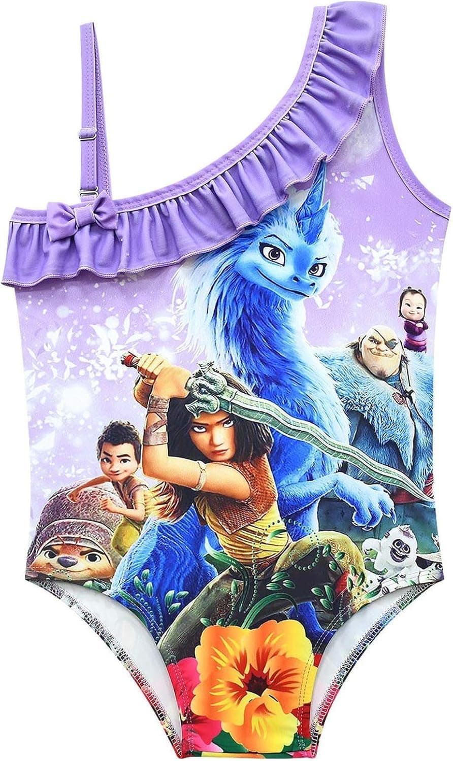 MQUN Raya Girl Dress Up Swimsuit Girl Swimsuit Adjustable One Shoulder Swimsuit 3D Printed Swimsuit 1 Piece 3-8 Y (Purple, Medium)