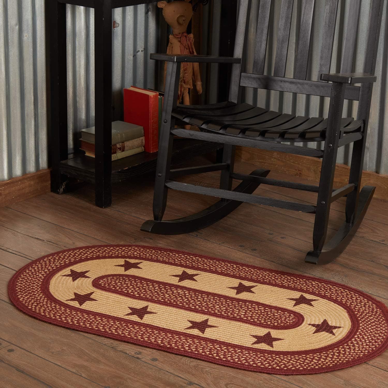 VHC Brands Burgundy Red Primitive Jute Rug, Oval 27x48, Stencil Stars