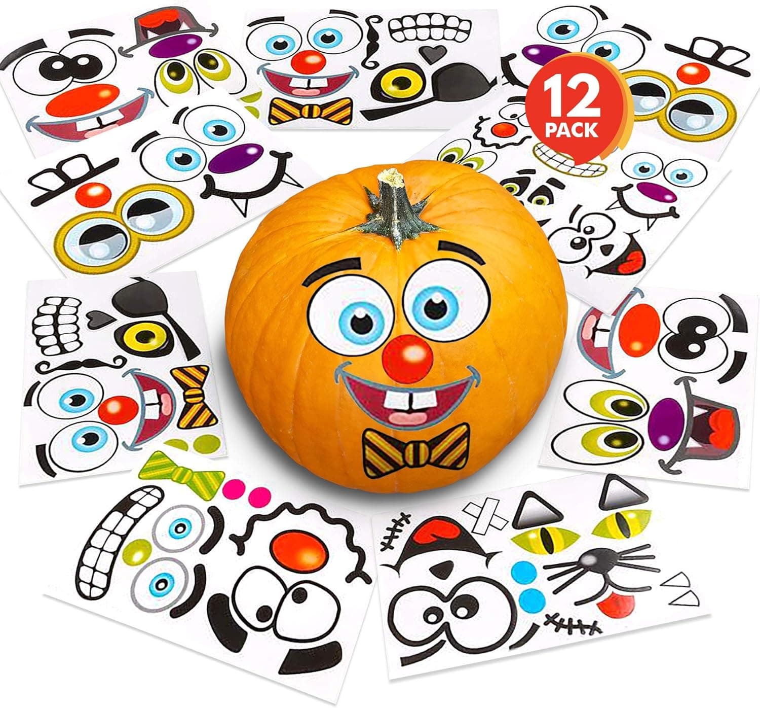 ArtCreativity Halloween Pumpkin Decorating Stickers - 12 Large Sheets - Jack-o-Lantern Decoration Kit - 26 Total Face Stickers - Cute Halloween Decor Idea - Treats, Gifts, and Crafts for Kids- 6" x 9"