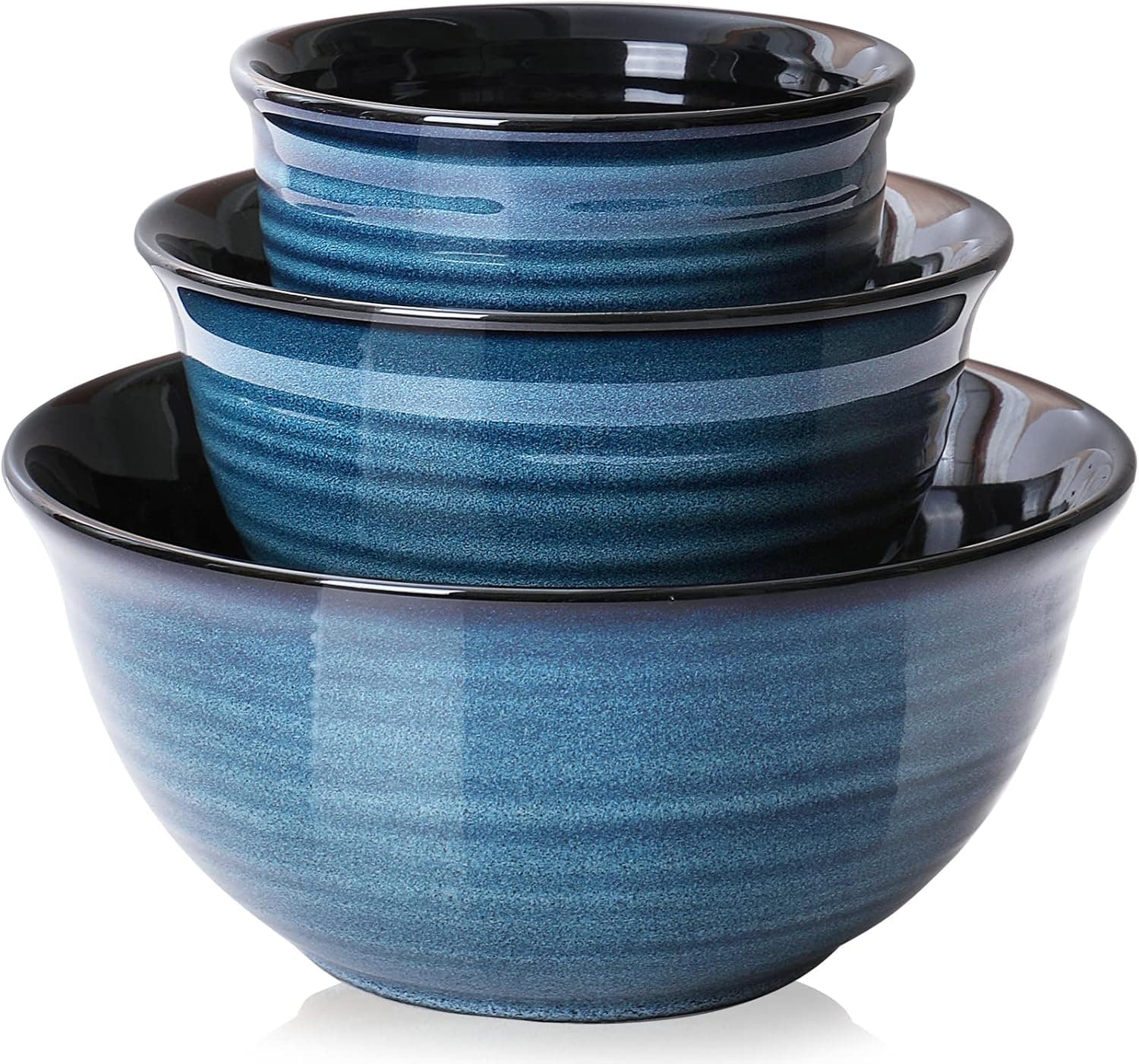 Hasense Large Mixing Bowls Set for Kitchen, Ceramic Serving Dishes for Entertaining, 2.1/1.0/0.5 Qt Deep Microwave Safe Nesting Batter Bowl for Storage and Baking, Blue