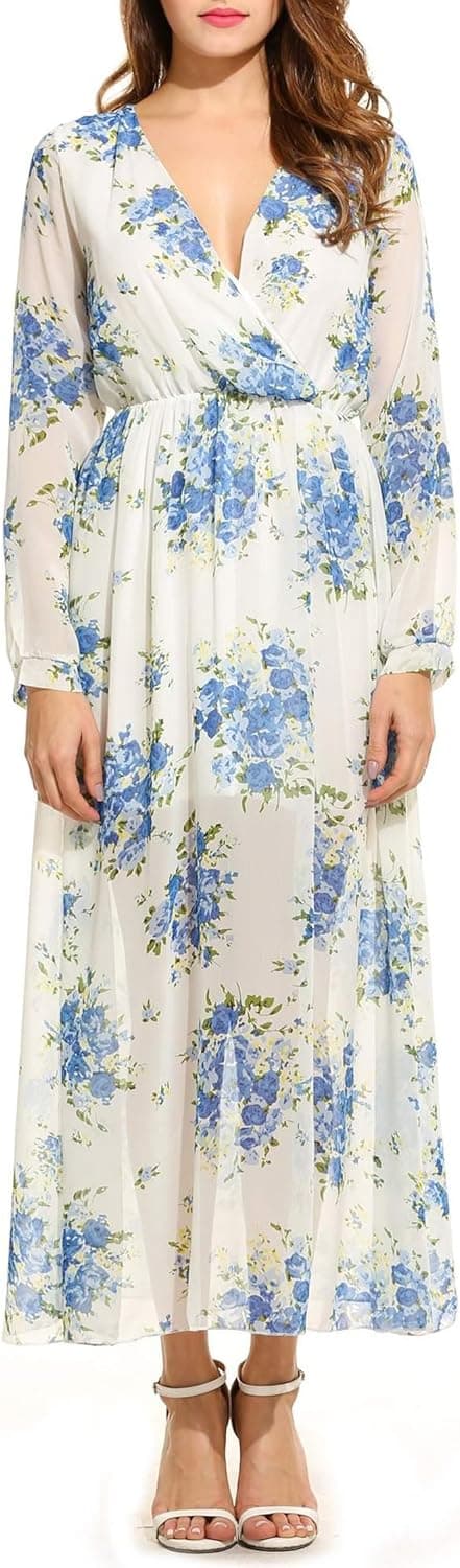 Zeagoo Women Floral Chiffon Deep V-Neck Long Sleeve Slit Wrap Long Maxi Beach Dress A-white Medium