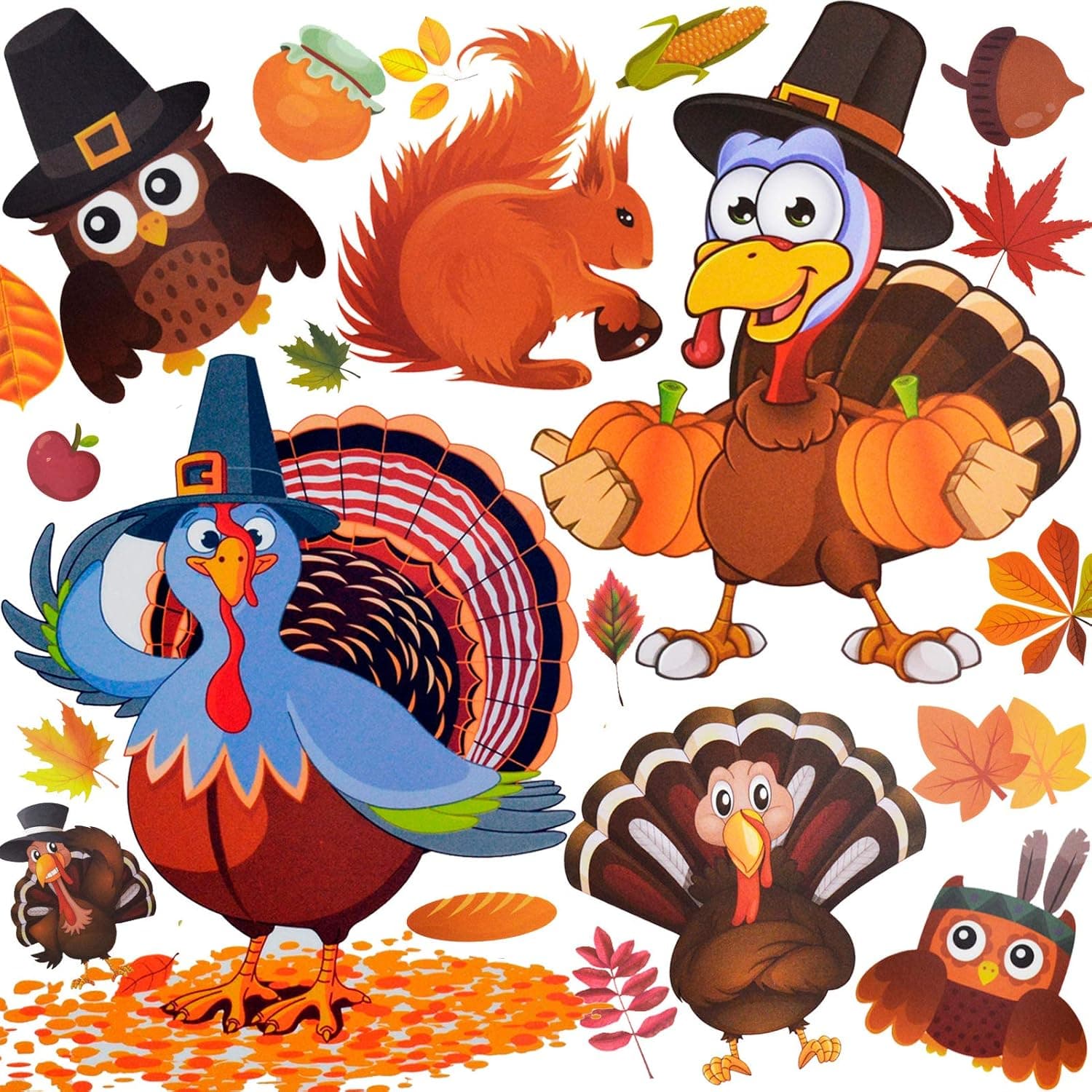 Turkey Window Clings Decor (Glue Free) 150 Pcs Fall Leaves Maple Pumpkin Food Squirrel Corn Styles