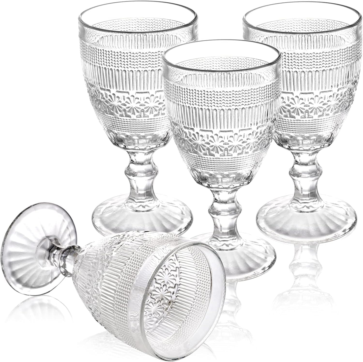 Coloch 4 Pack Wine Goblet Glasses, 11 Oz Vintage Water Glasses Set Romantic Mixed Drinking Glassware for Juice, Red Wine, Cocktail, Baby Shower, Wedding, Party