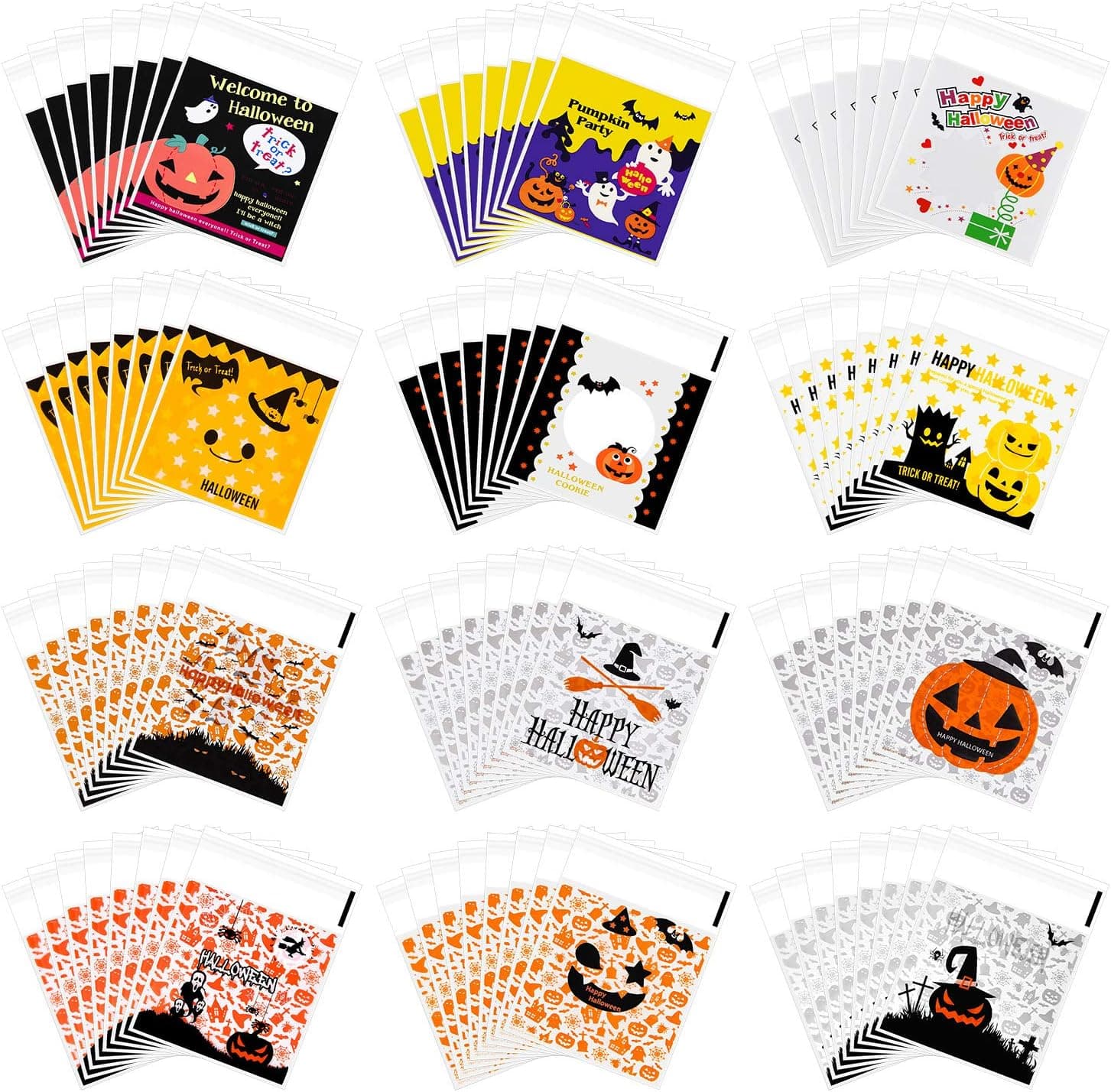 CHRORINE 240Pcs Halloween Candy Bag Self Adhesive Candy Cookie Bags 12 Style Treat Bags Clear Gift Bags for Halloween Party Supplies
