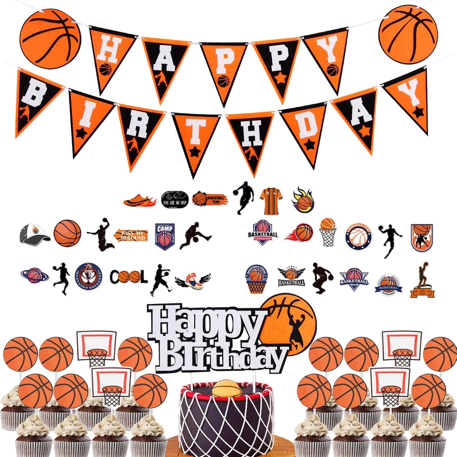 KARAQY Basketball Birthday Party Decorations, Happy Birthday Banner Basketball Cake Cupcake Toppers Basketball Theme Stickers Basketball Birthday Party Supplies