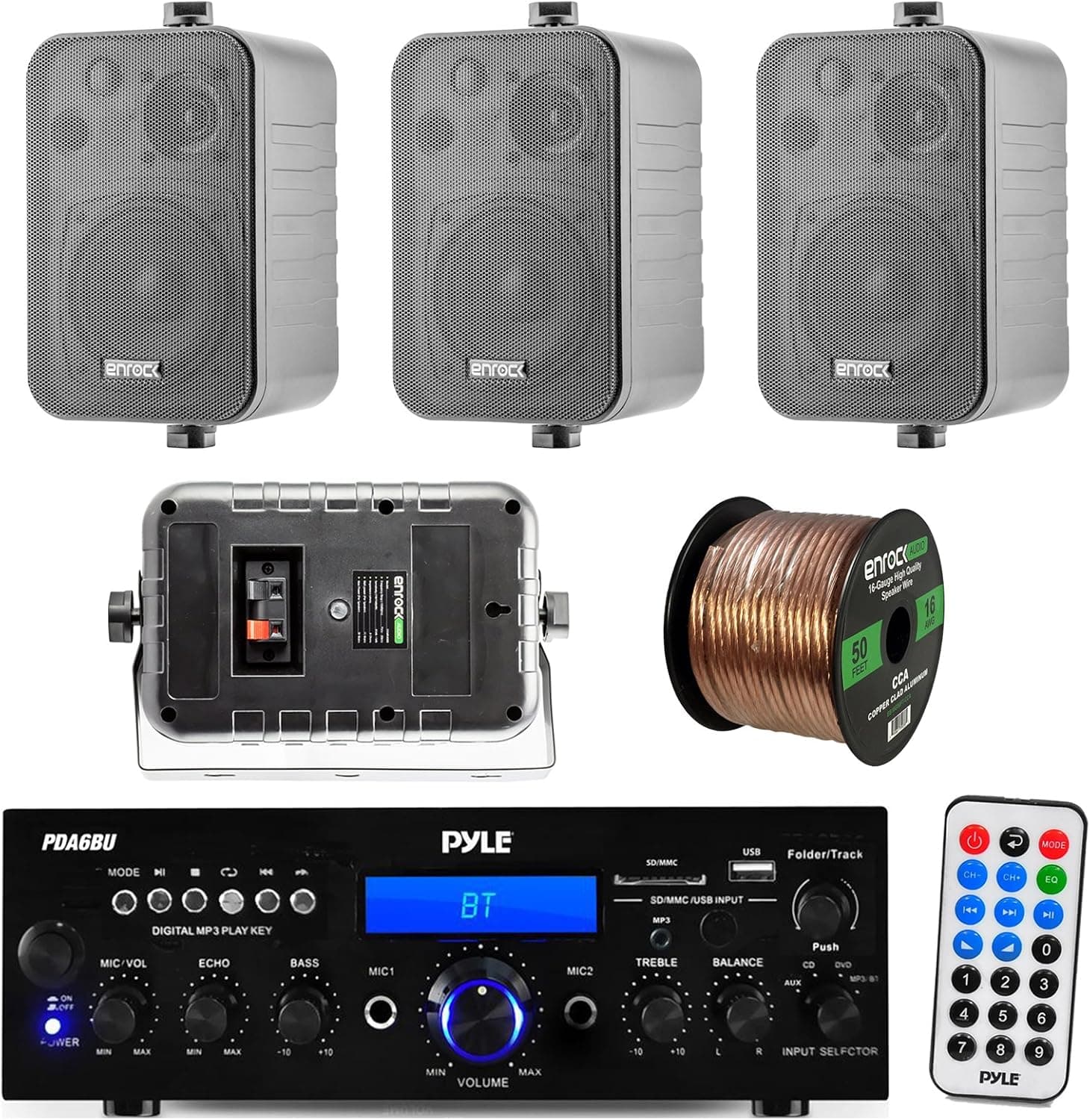 Pyle PDA6BU 200-Watt 2-Channel Digital USB/AUX FM Radio Stereo Amplifier Receiver, Bundle Combo With 4x Enrock EKMR408B 4" Inch 200-Watt 3-Way Black Box Speakers, 50 Feet 16-Gauge Speaker Wire