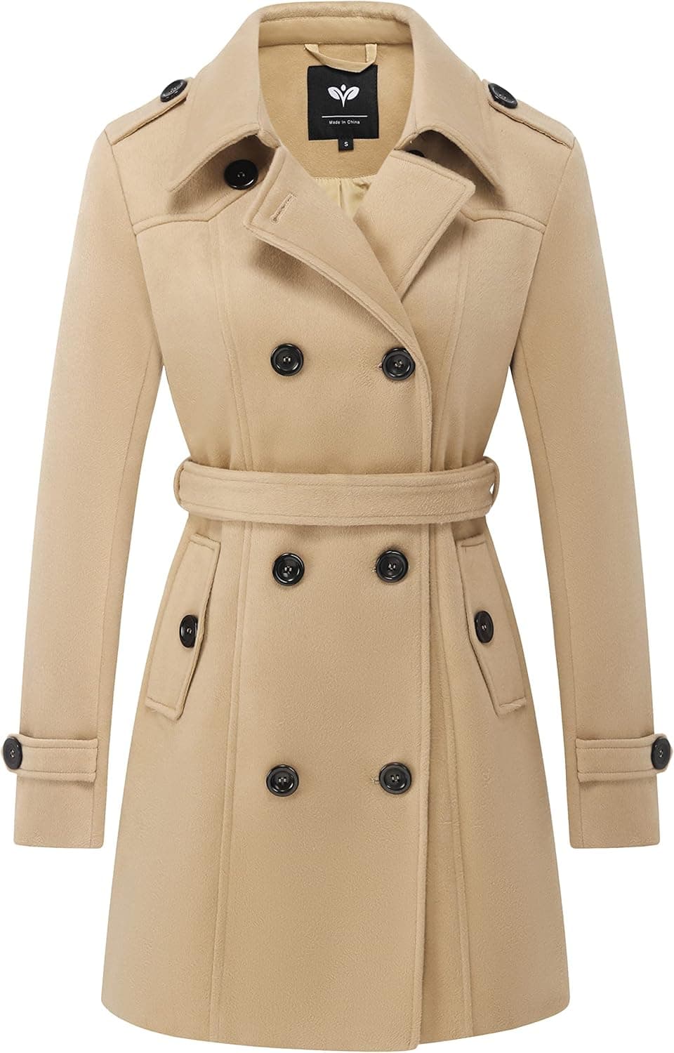GGleaf Women's Double Breasted Pea Coat Slim Winter Mid-Long Trench Coat with Long Belt
