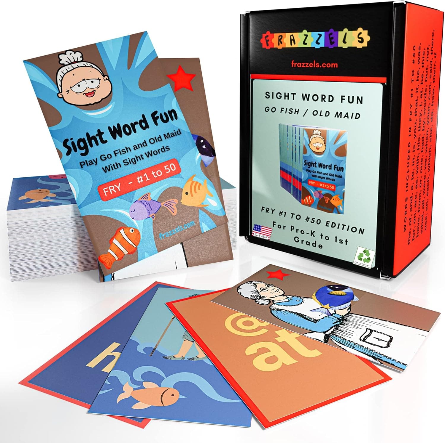 Go Fish Sight Words Card Game for Kids for Ages 4+ with Fry 1 to 50 Version with Old Maid Option (Prek and Kindergarten with Includes Images