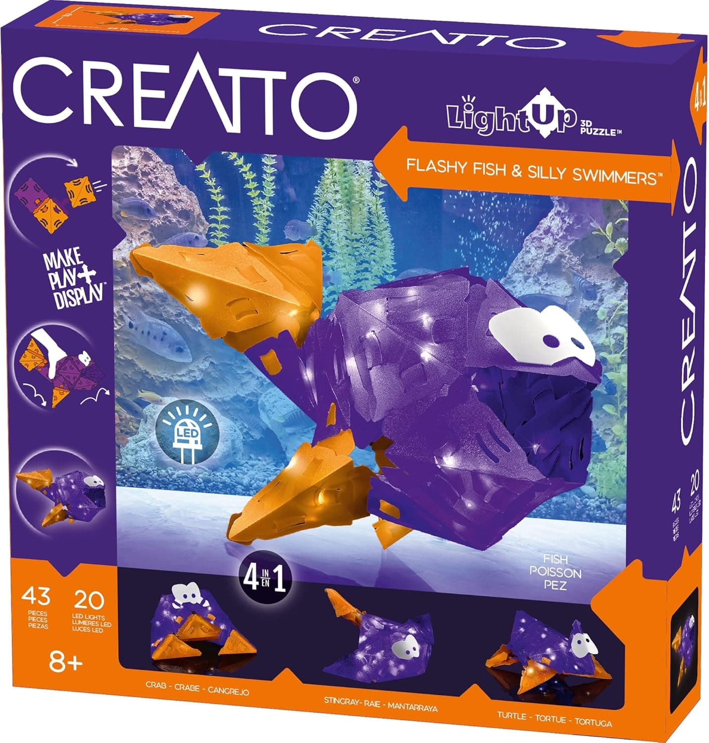 Creatto Flashy Fish & Silly Swimmers Light-Up 3D Puzzle Kit | Includes Creatto Puzzle Pieces to Make Illuminated Craft Creations, Sting Ray, Turtle, Crab, Fish | DIY Activity & LED Lights