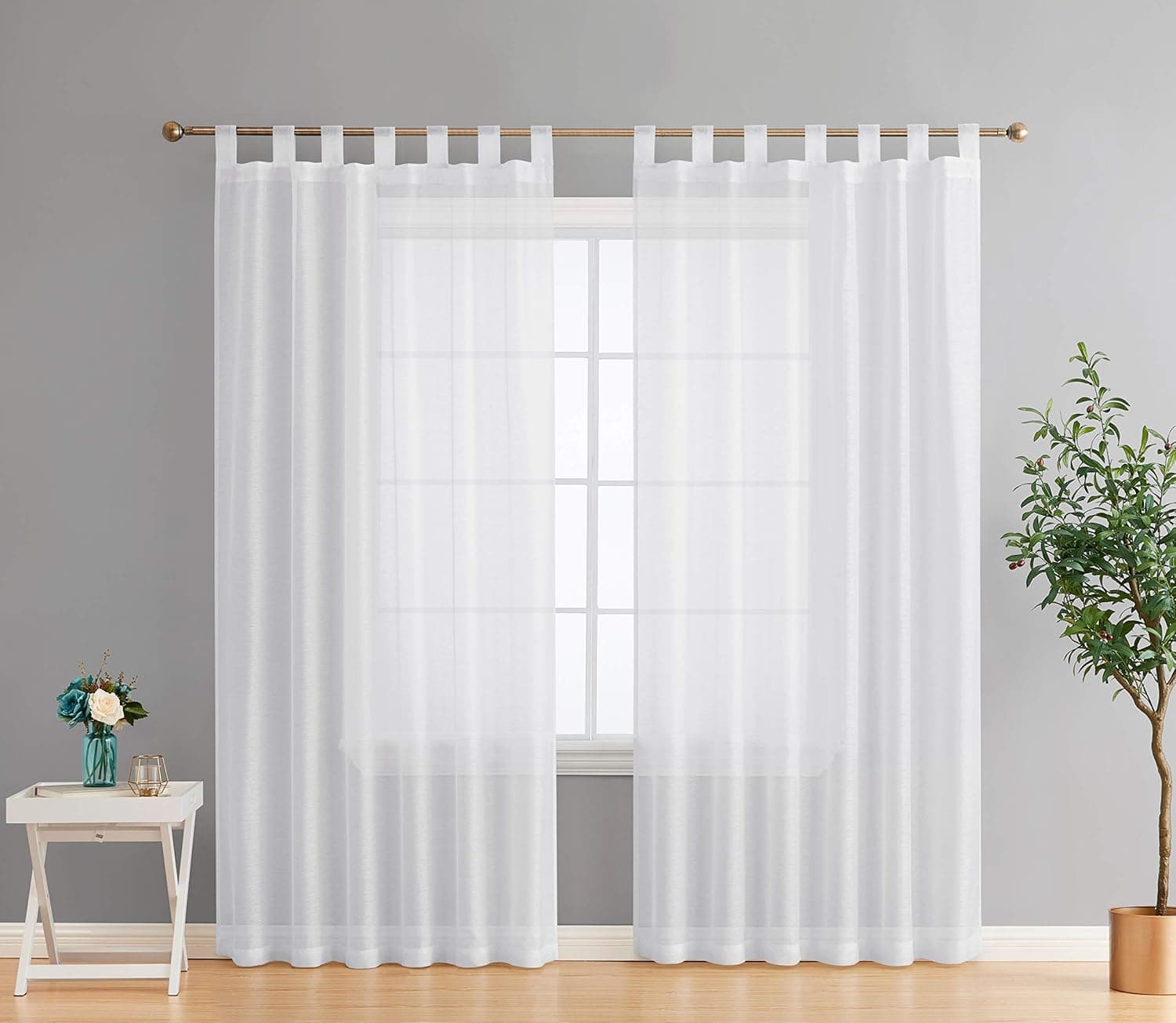 HLC.ME Addison Semi Sheer Light Filtering Transparent Tab Top Lightweight Short Window Curtains Drapery Panels for Bedroom & Living Room, 2 Panels (54 x 54 Inch, White)