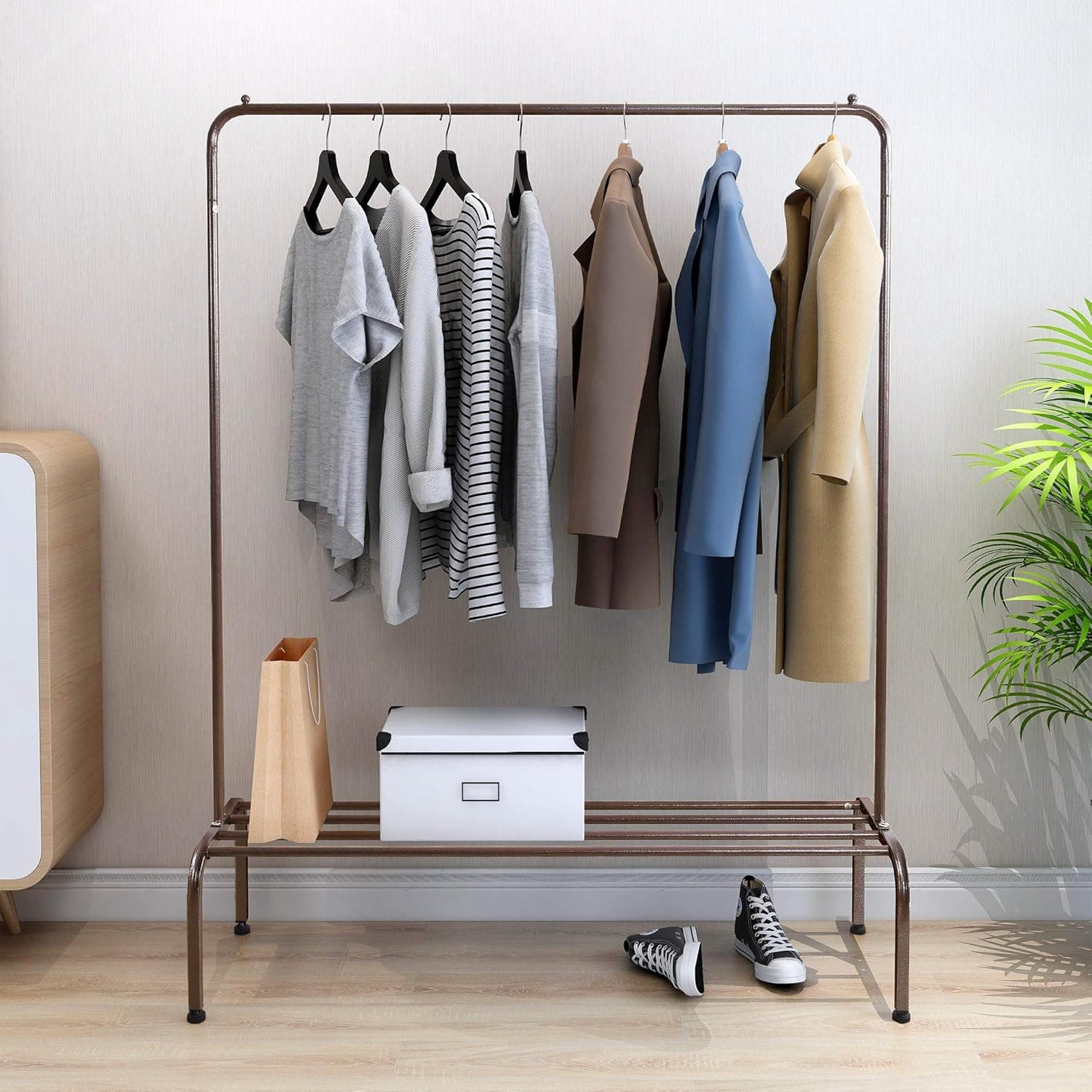 HOJINLINERO Garment Rack for Hanging Clothes Free-Standing Clothes Rack with Top Rod,Bottom Shelves and 2 Hooks, Rustic Brown