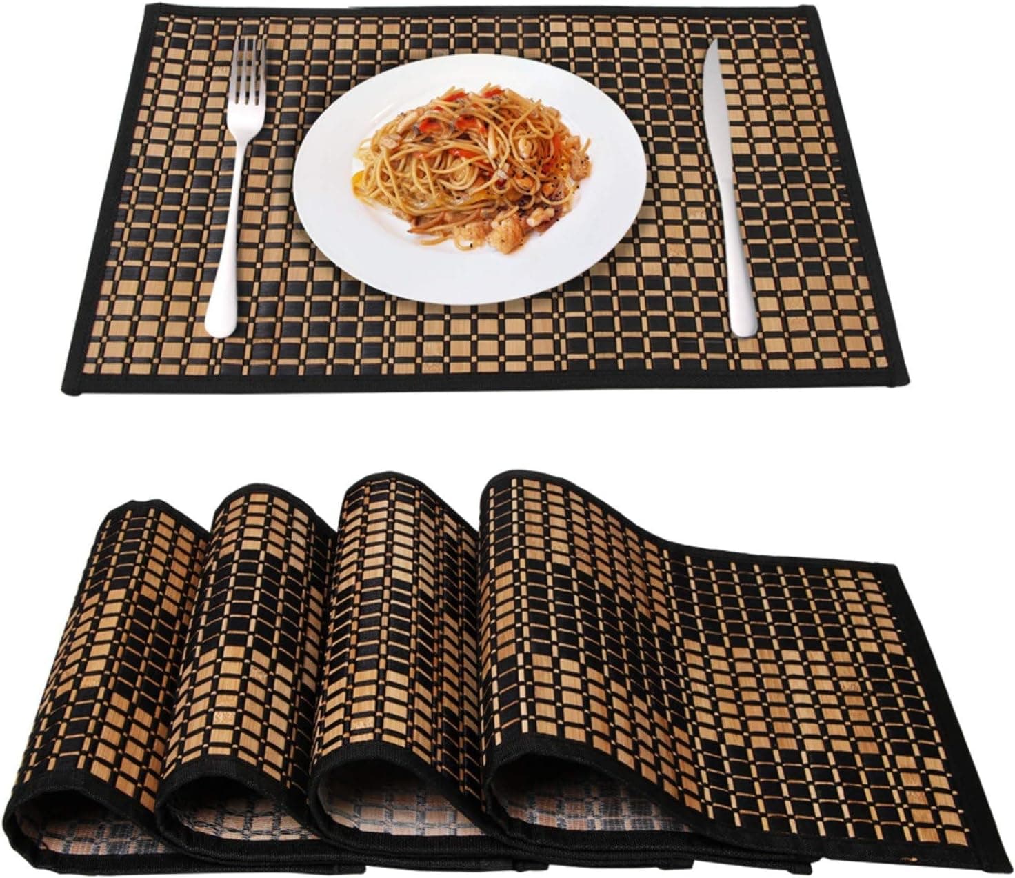 Bamboo Placemats for Dining Table, Placemats Set of 4,Stain-Resistant,Heat-Resistant Place Mats,Durable and Sturdy Dining Place Mats for Kitchen Table (1318inch, Black)