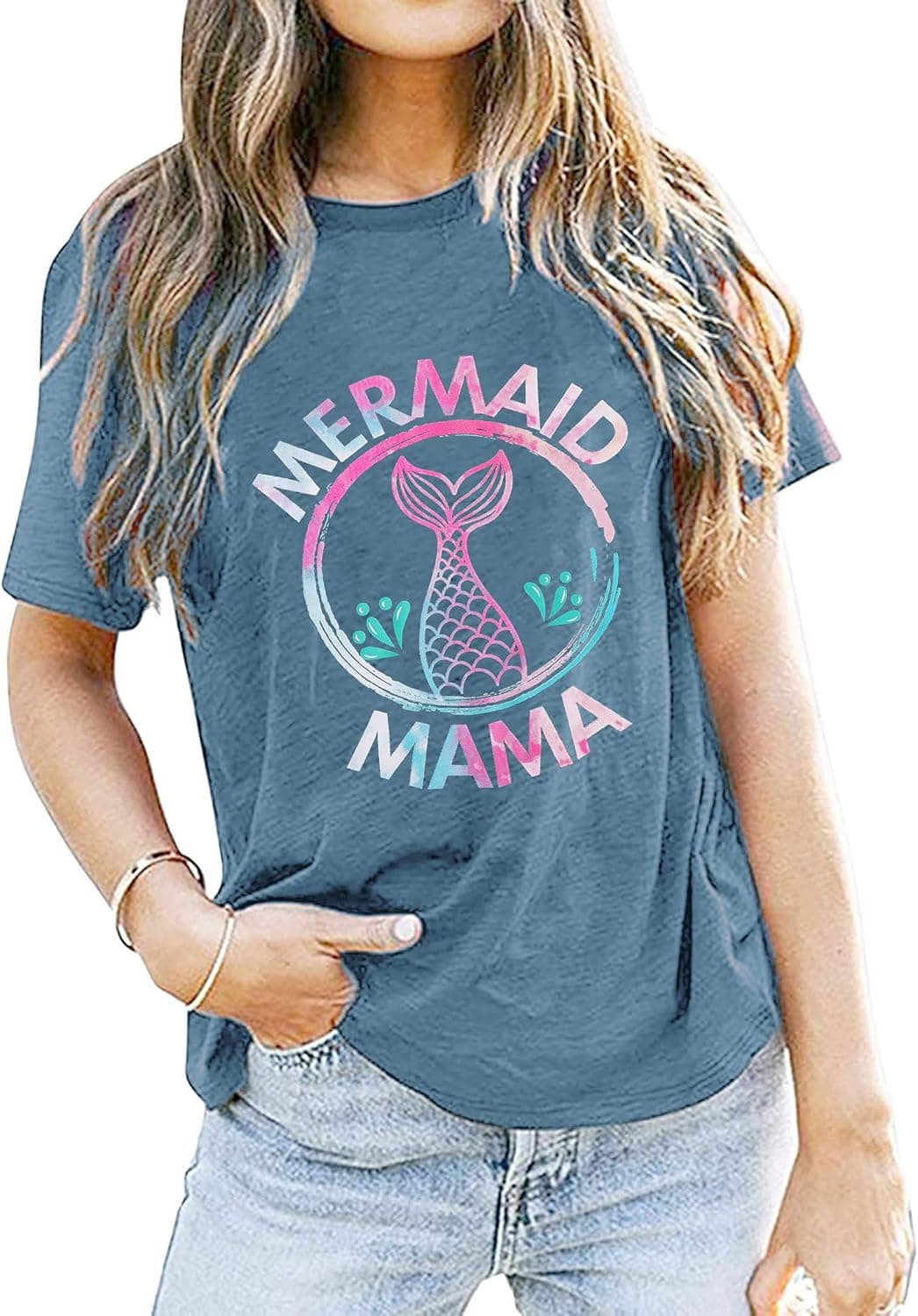 FLOYU Women Mermaid Mama Shirt Mermaid Mom Birthday Tee Top Mama T-Shirt Gifts for Mom Casual Mermaid Mama Lover Clothes