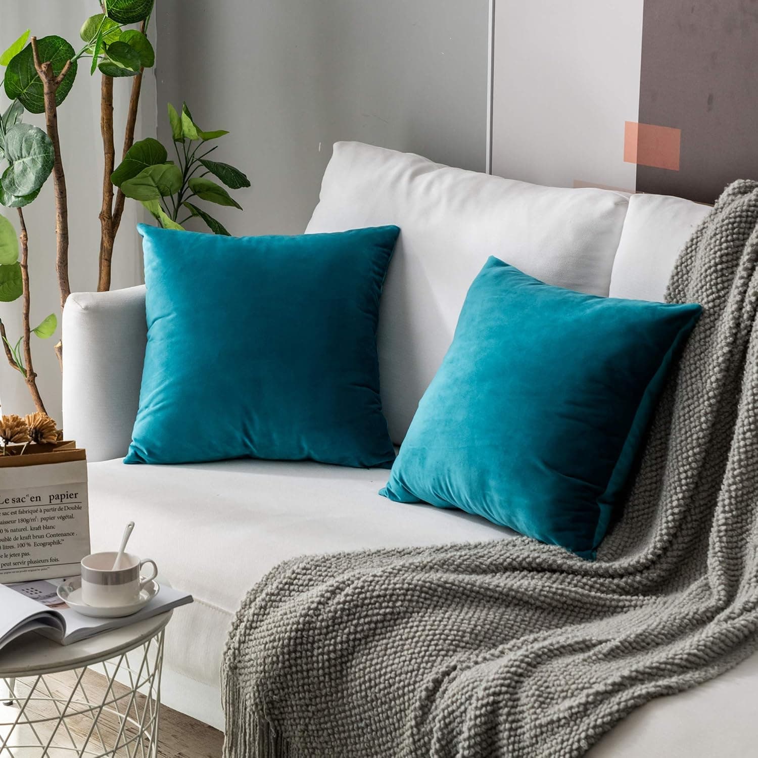 Stellhome Soft Velvet Throw Pillow Covers Square Decorative Cushion Covers for Bed Couch Sofa Bench, 18 x 18 inch (45 x 45 cm), Blue Green, Pack of 2