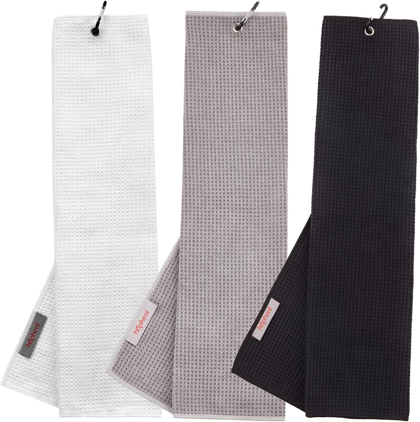 Golf Towel 16" x 21" Tri-fold Microfiber Waffle with Carabiner Clip (3 Black+Gray+White)