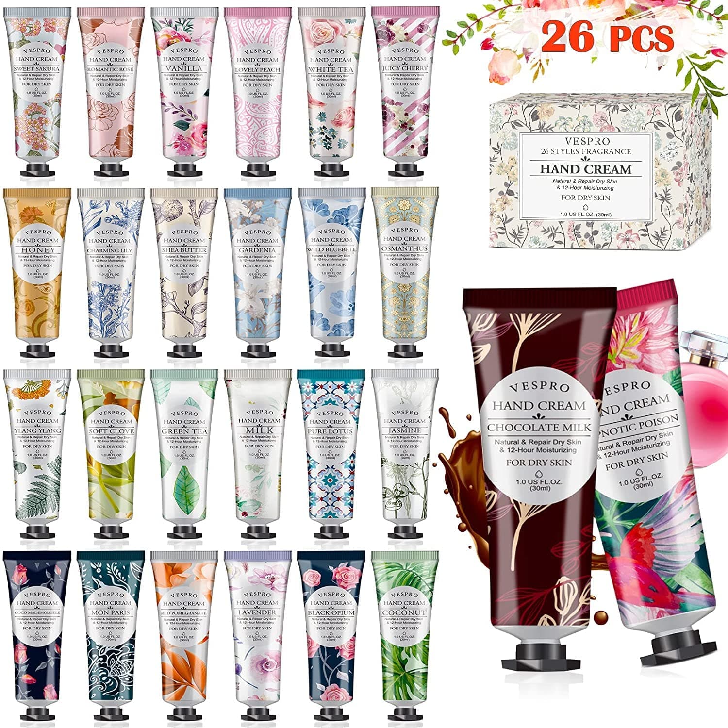 VESPRO 26 Pack Plant Fragrance Hand Cream, Moisturizing Hand Care Cream Gift Set,Mini Hand Lotion Travel Size in Bulk,Gifts for Women,Mom,Sister,Yourself-26 Different Scented/30ml