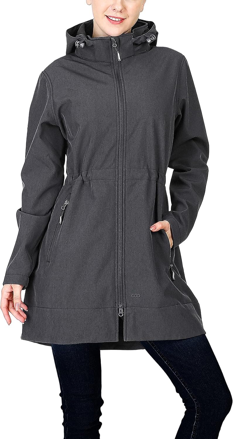 33,000ft Women's Softshell Long Jacket with Hood Fleece Lined Windproof Warm up Waterproof Windbreaker