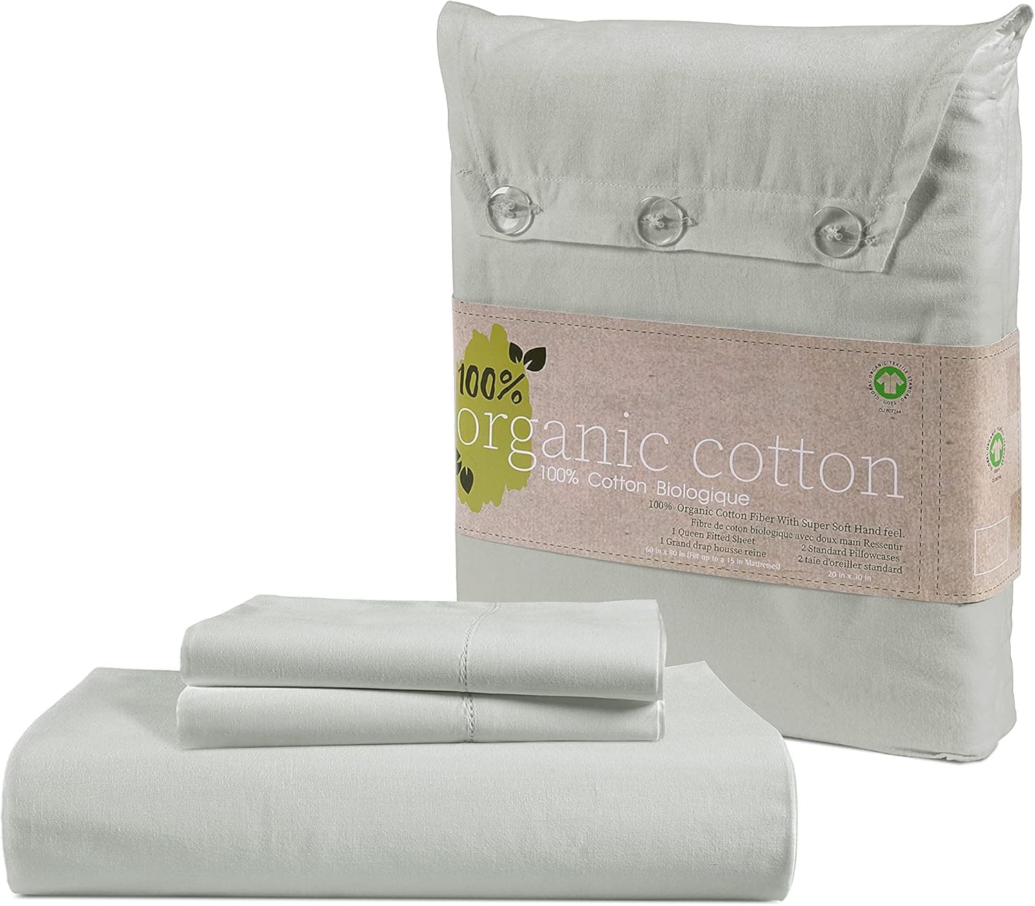 100% Organic Cotton Fitted Sheet Queen Size only, 3-Piece Set (1 Fitted Sheet, 2 Pillowcases), Percale Weave, Queen Size, Ultra Soft, Breathable, Fits Mattress Upto 15" Deep - Mineral