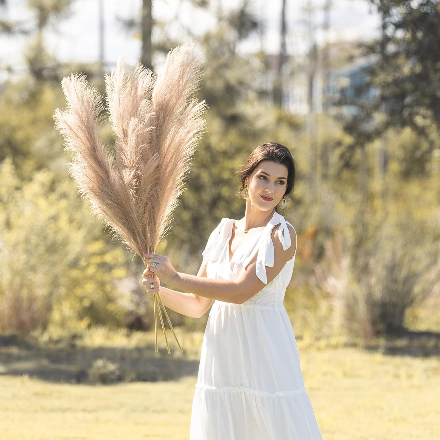 Casa Theory Tall Pampas Grass for Floor Vase - 3 PCS Faux Pampas Grass Decor Tall for Living Room Home Decor. Tall Feathers for Boho Wedding Decor [Brown] 22 Plumes Per Stem 45"/115cm