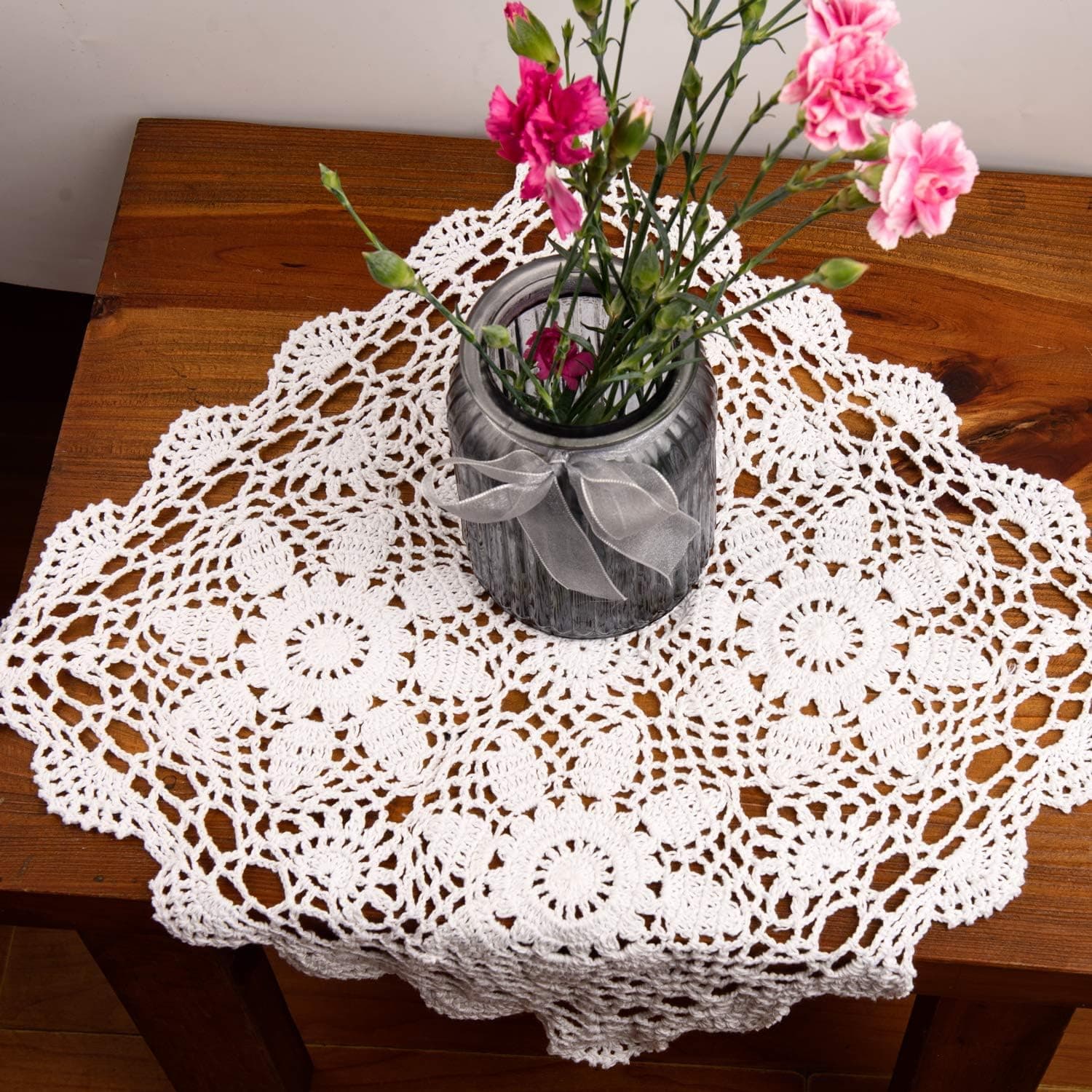 Eiyye Crochet Placemats Table Doilies Square Handmade Cotton Lace Thread Cloth 1-Piece, 14x14 Inch (Beige)
