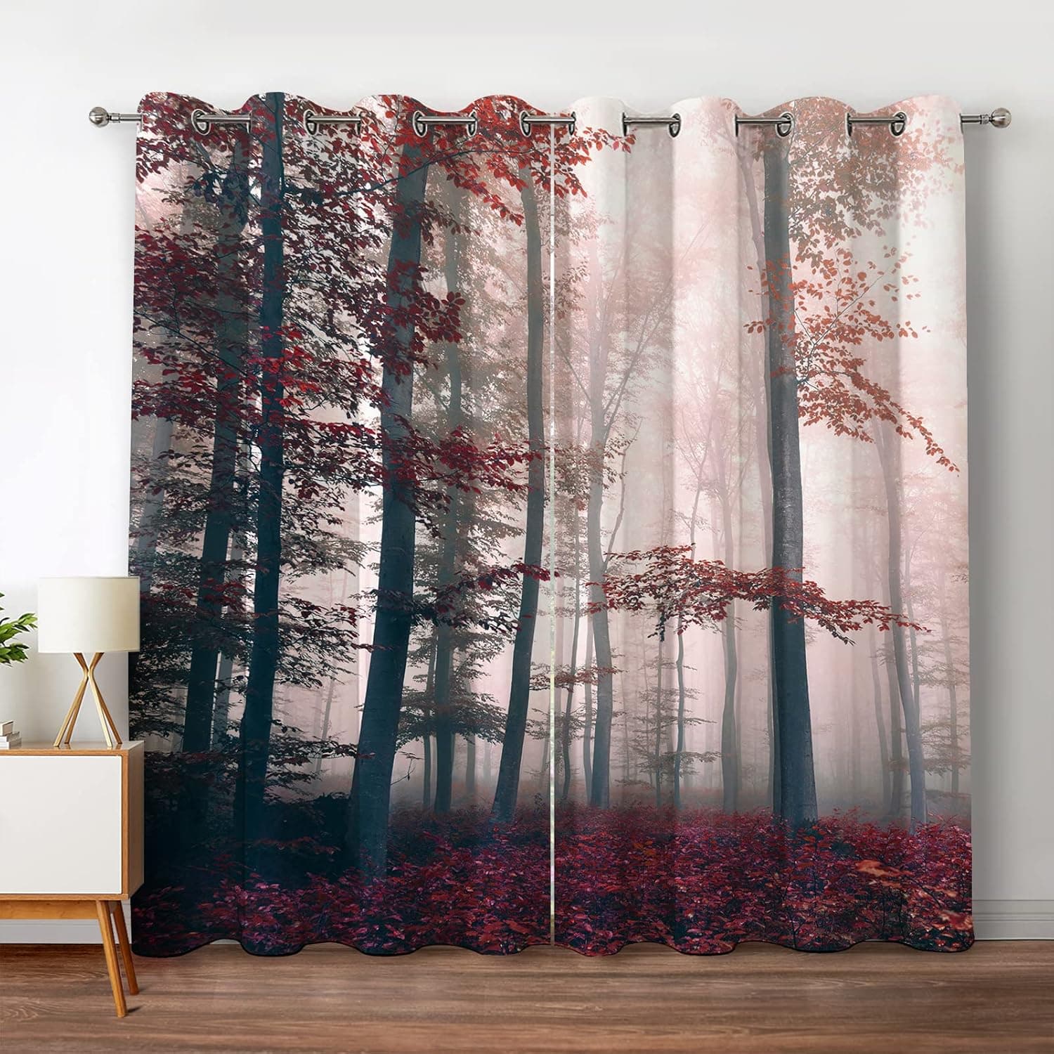 Jekeno Forest Blackout Curtains Autumn Tree Orange Leaves Mystic Foggy Forest Fall Nature Scenery Wood Print Room Decor for Halloween Bedroom Living Room, Grommet Window Drapes 2 Panel Set, 52"x84"