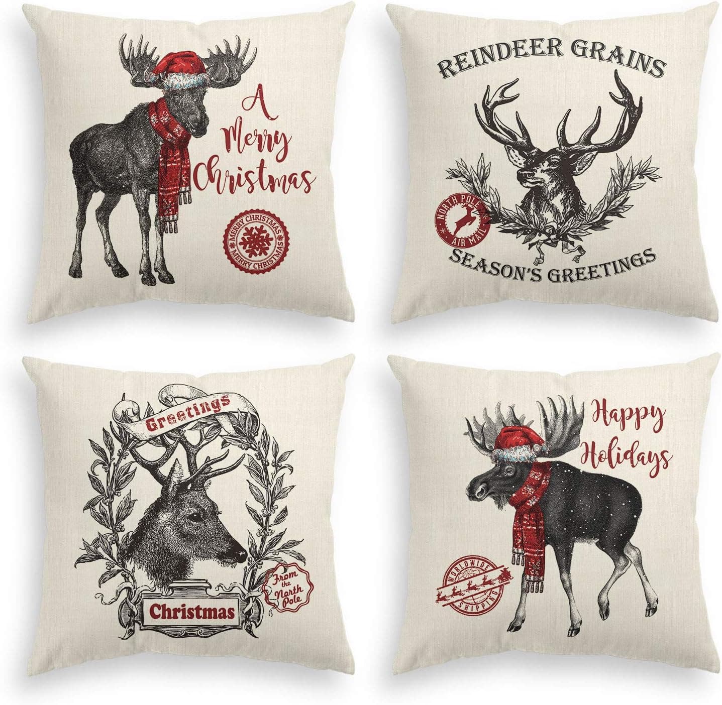 AVOIN Christmas Reindeer Throw Pillow Cover, 18 x 18 Inch Winter Holiday Rustic Cushion Case for Sofa Couch Set of 4