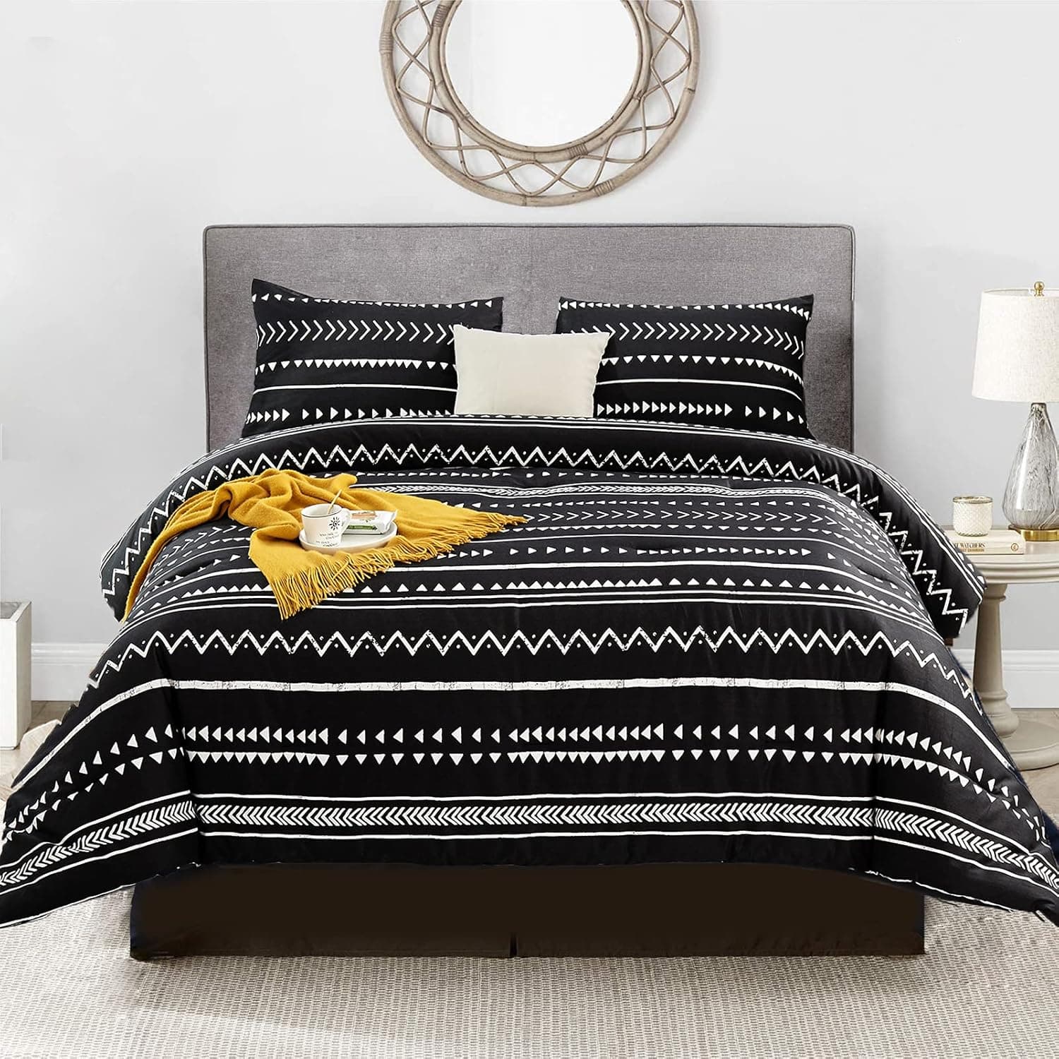Luxlovery Boho Black Comforter Set King Farmhouse Bedding Comforter Set Aztec Bohemian Folkloric Comforter Art Pattern Quilts Cotton Soft Breathable White Striped Geometric Quilts Cozy Comforter Set