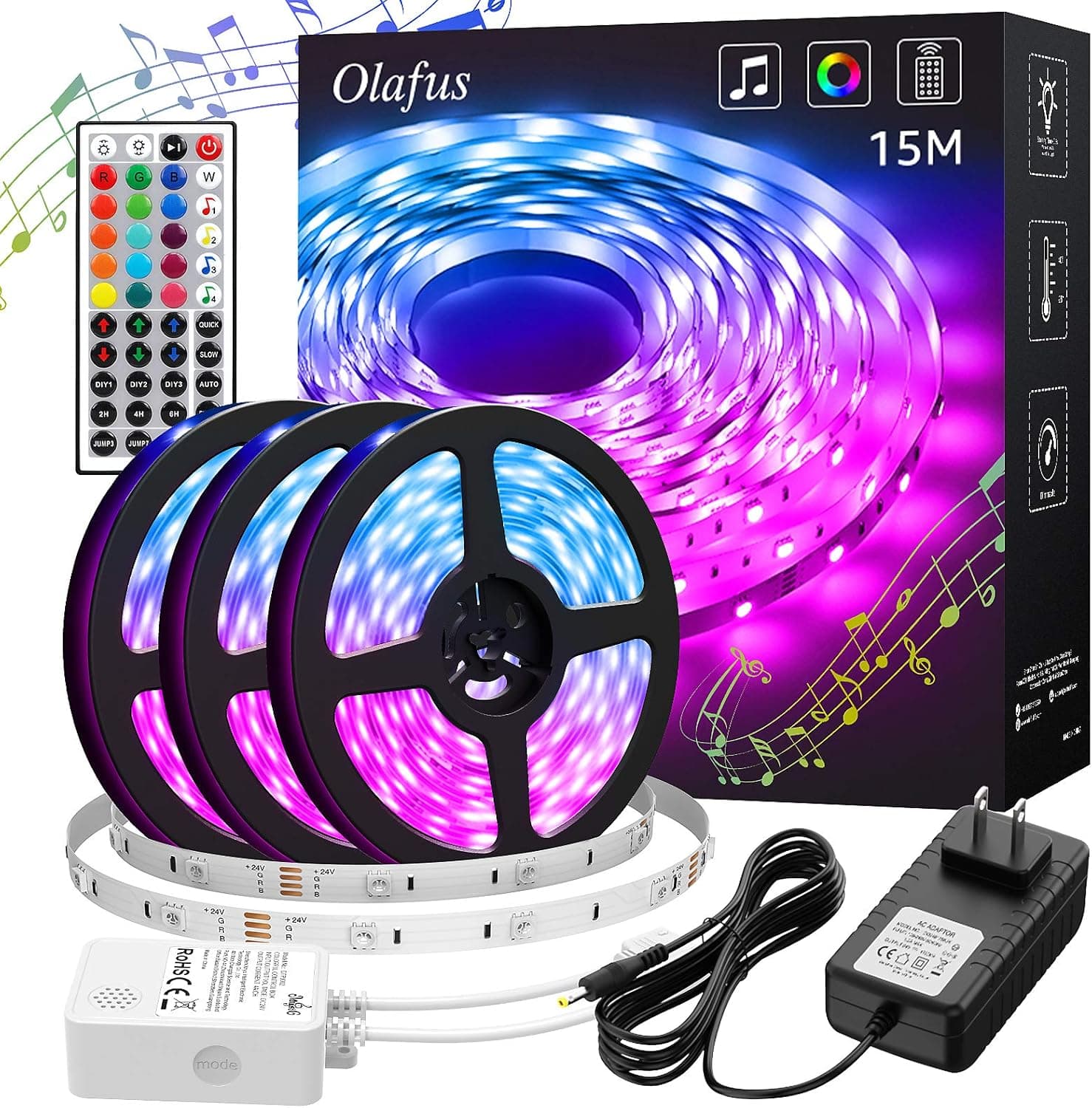 Olafus 50ft Led Strip Lights with Power Adapter, 450 LEDs, Music Synch Color Changing RGB LED Strip Lights Built-in Mic, 44 Key Remote Control, 5050 RGB Light Strip (Voice+Remote+Mic+Receiver Button)