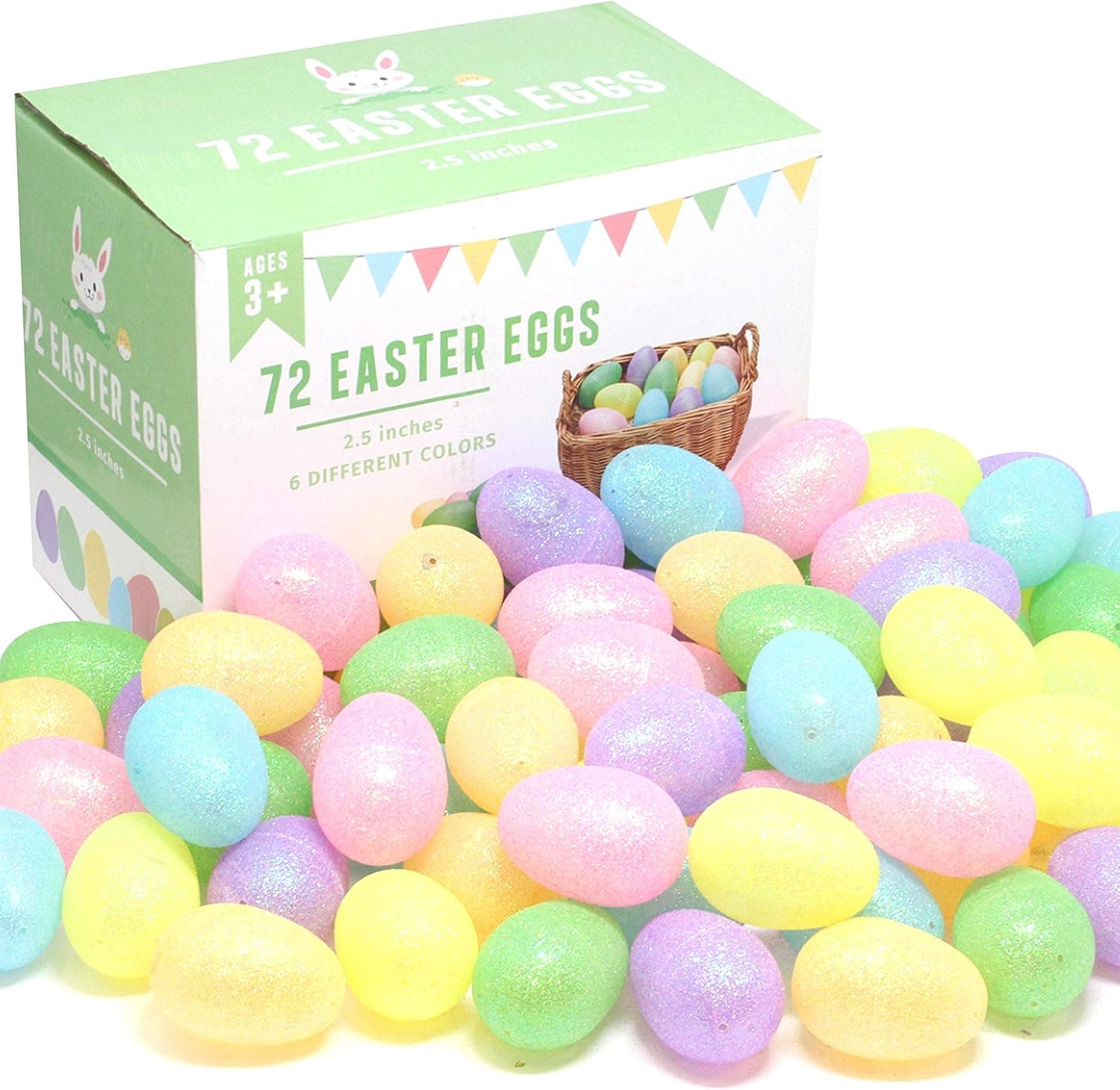 JOYIN 72 Pcs 2.5" Plastic Easter Eggs,Colorful Assortment Glitter Fillable Egg Shells for Easter Egg Hunt, Basket Stuffers Filler, Filling Treats, Classroom Prize Supplies, Easter Party Favor