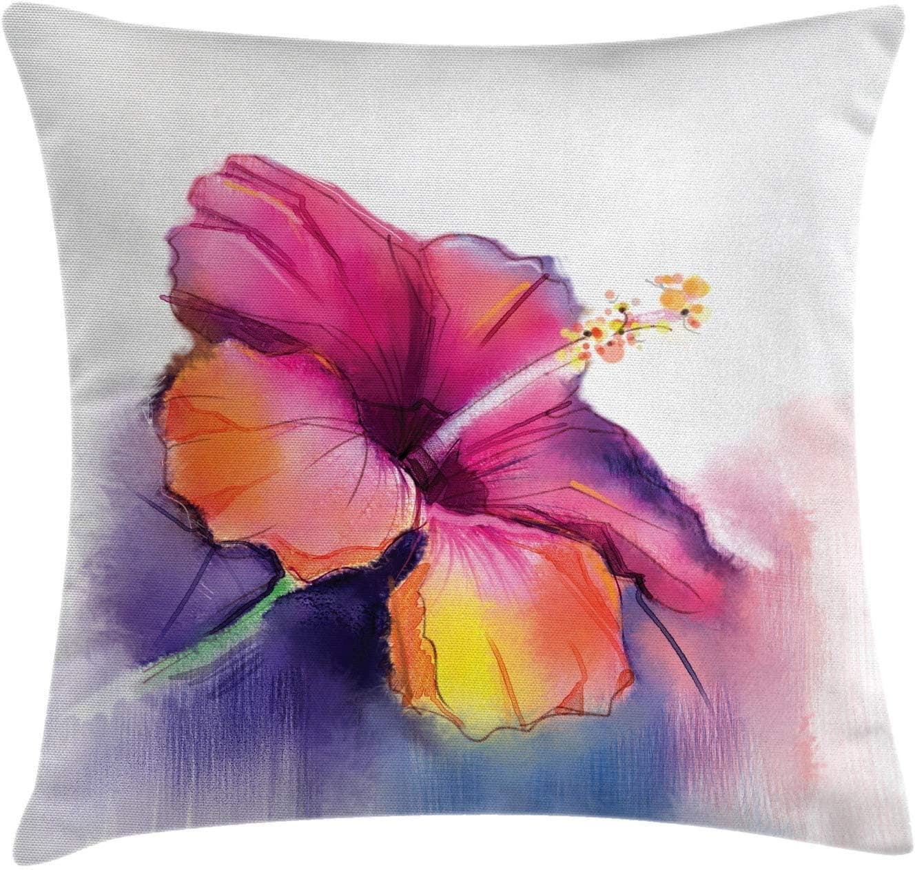 Ambesonne Flower Throw Pillow Cushion Cover, Hibiscus Flower in Pastel Abstract Colorful Romantic Petal Pattern Artwork Print, Decorative Square Accent Pillow Case, 24" X 24", Pink Tones