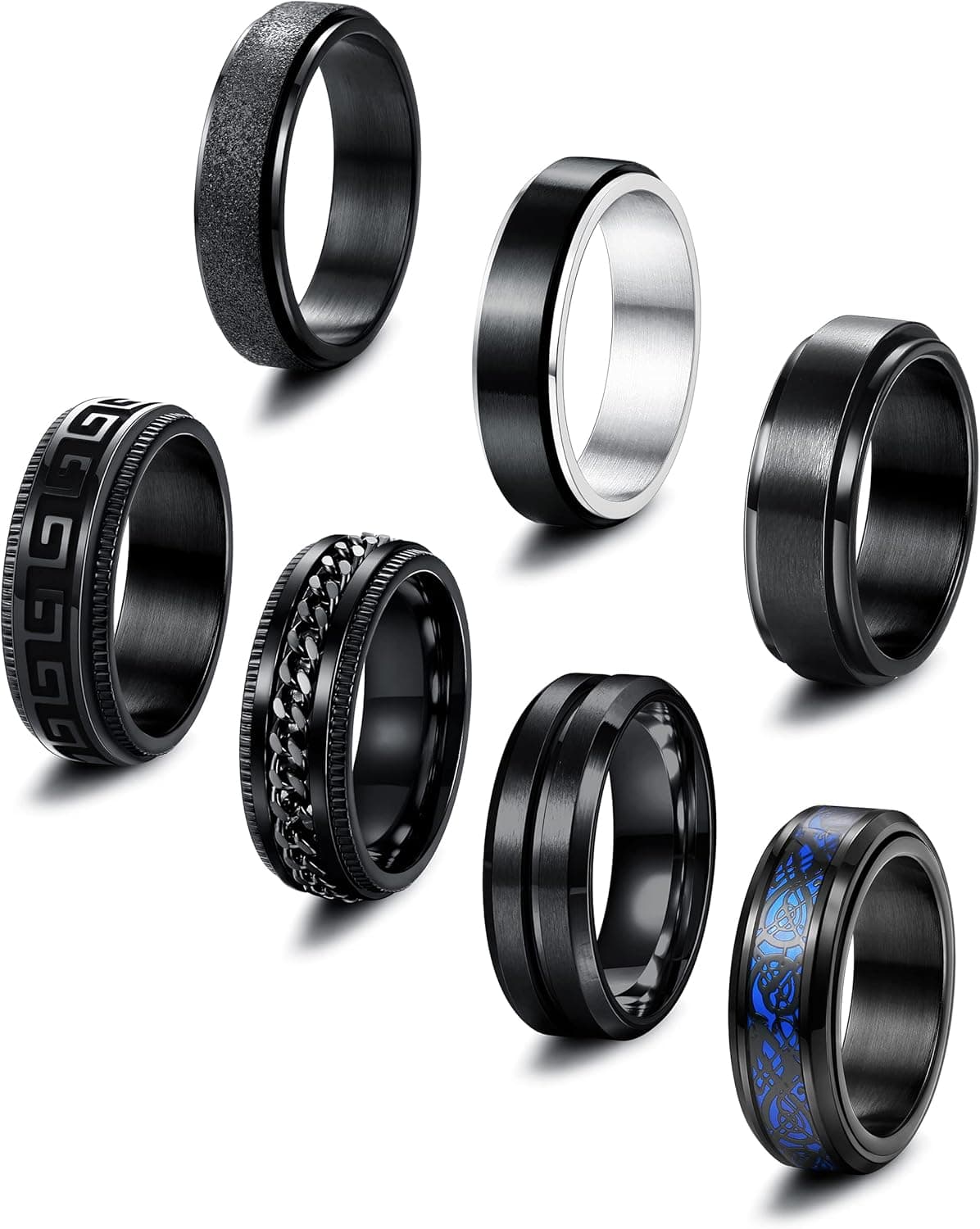 Fansilver 7Pcs Anxiety Fidget Ring Black For Men Stainless Steel Spinner Ring Release Preasure Cool Chain Matte Frosted Band Ring Size 7-13